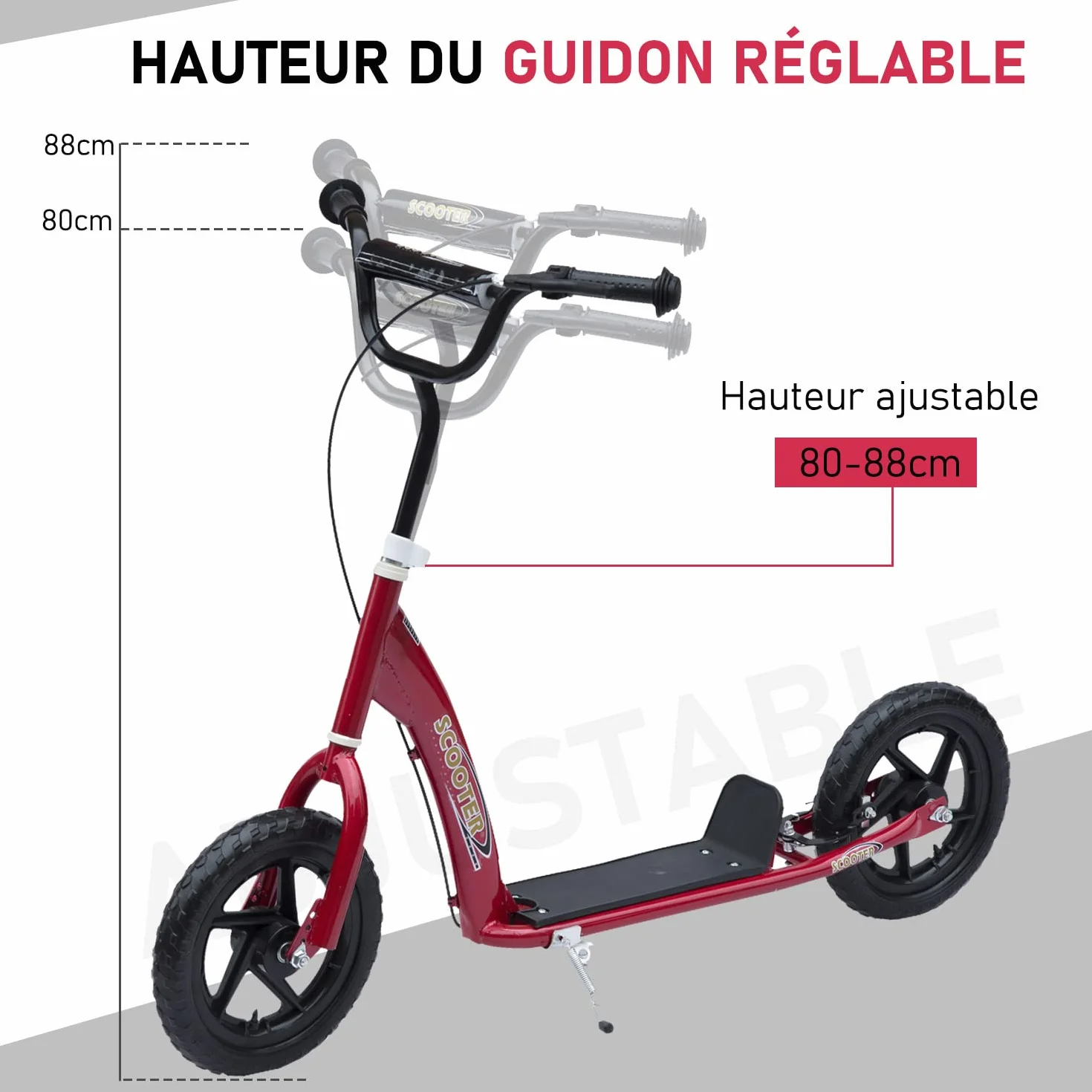 HOMCOM Trottinette Enfant patinette pneus 30 cm Hauteur Guidon réglable Frein béquille Acier 5 Ans