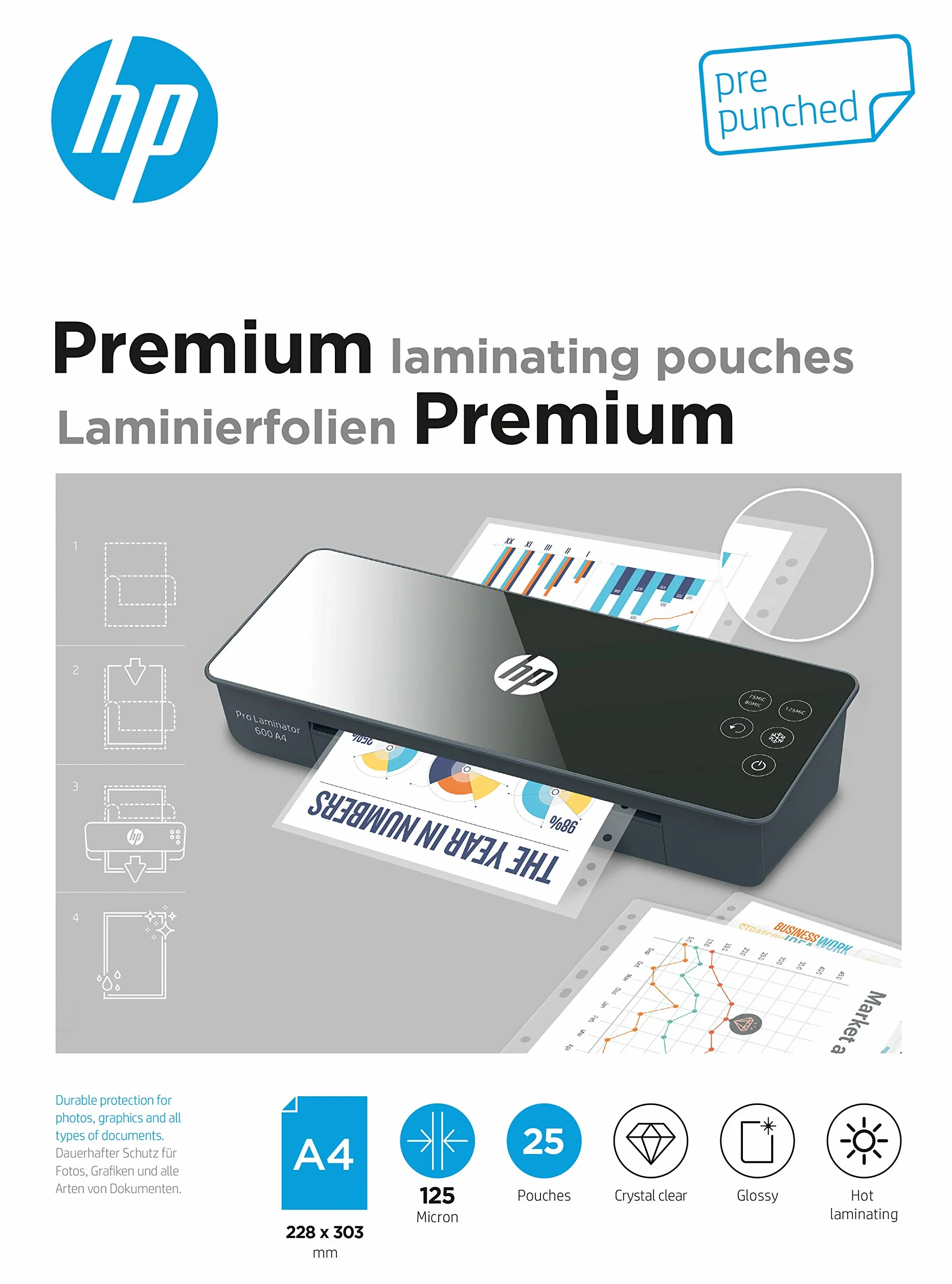 HP Premium Pochettes de plastification A4 125 Micron avec perforation