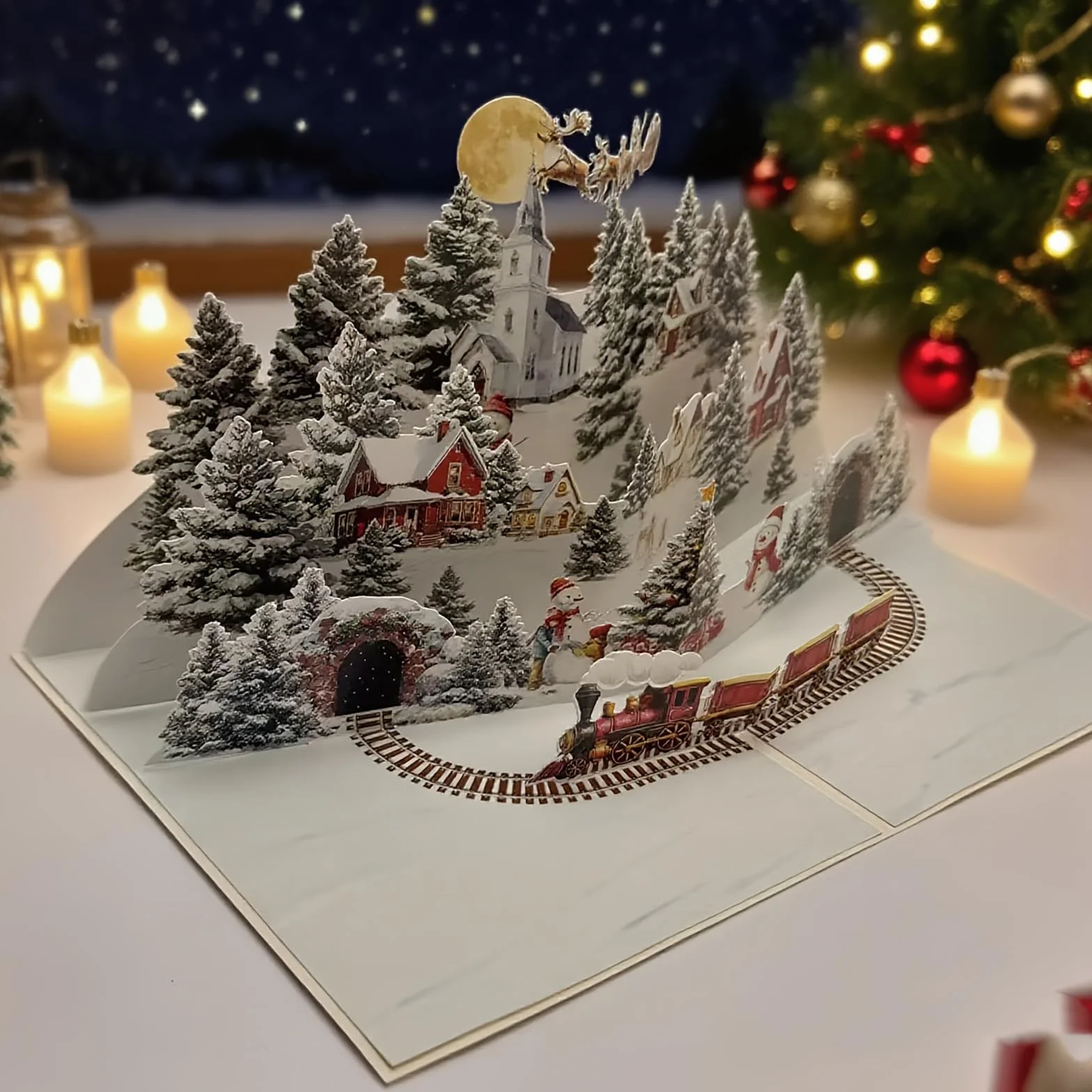 3D Carte de Noël Pop-Up avec Père Noël et Rennes, Enveloppe Incluse