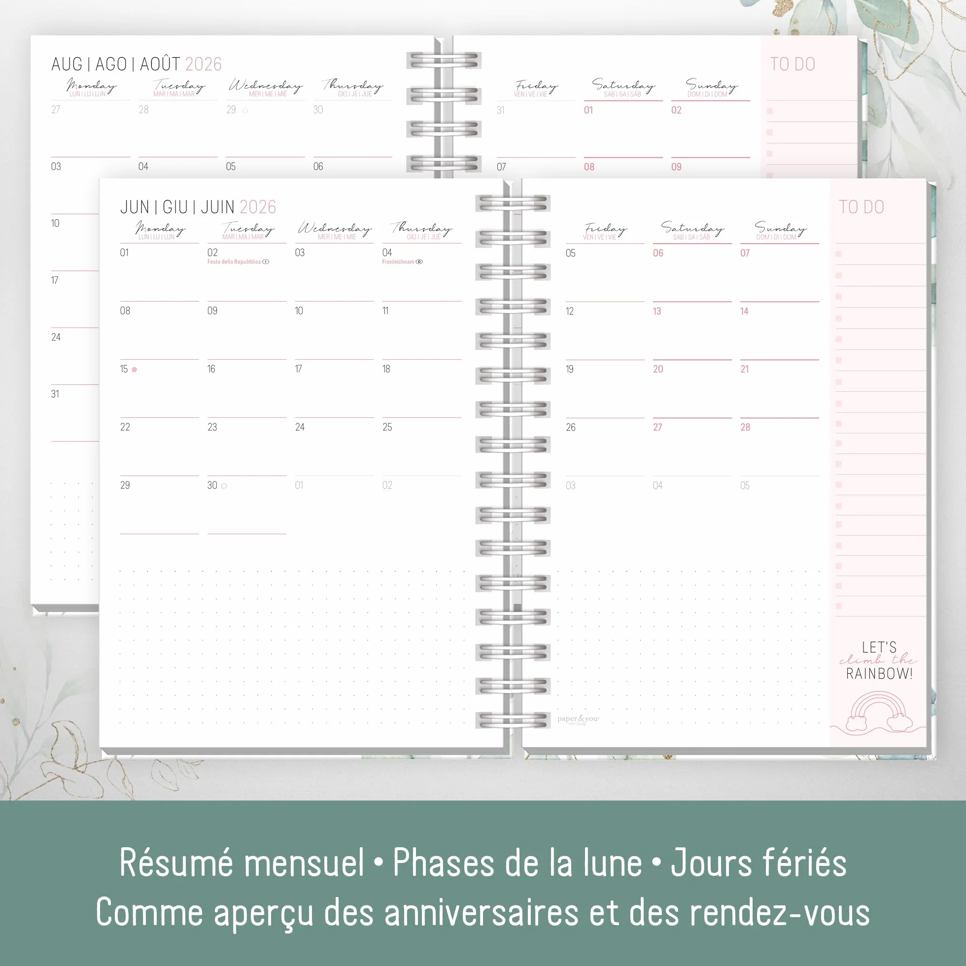 Häfft® Calendrier international 2026 A5 Feuille d´or reliure spirale EN/FR/IT/ES agenda personnel life planner durable