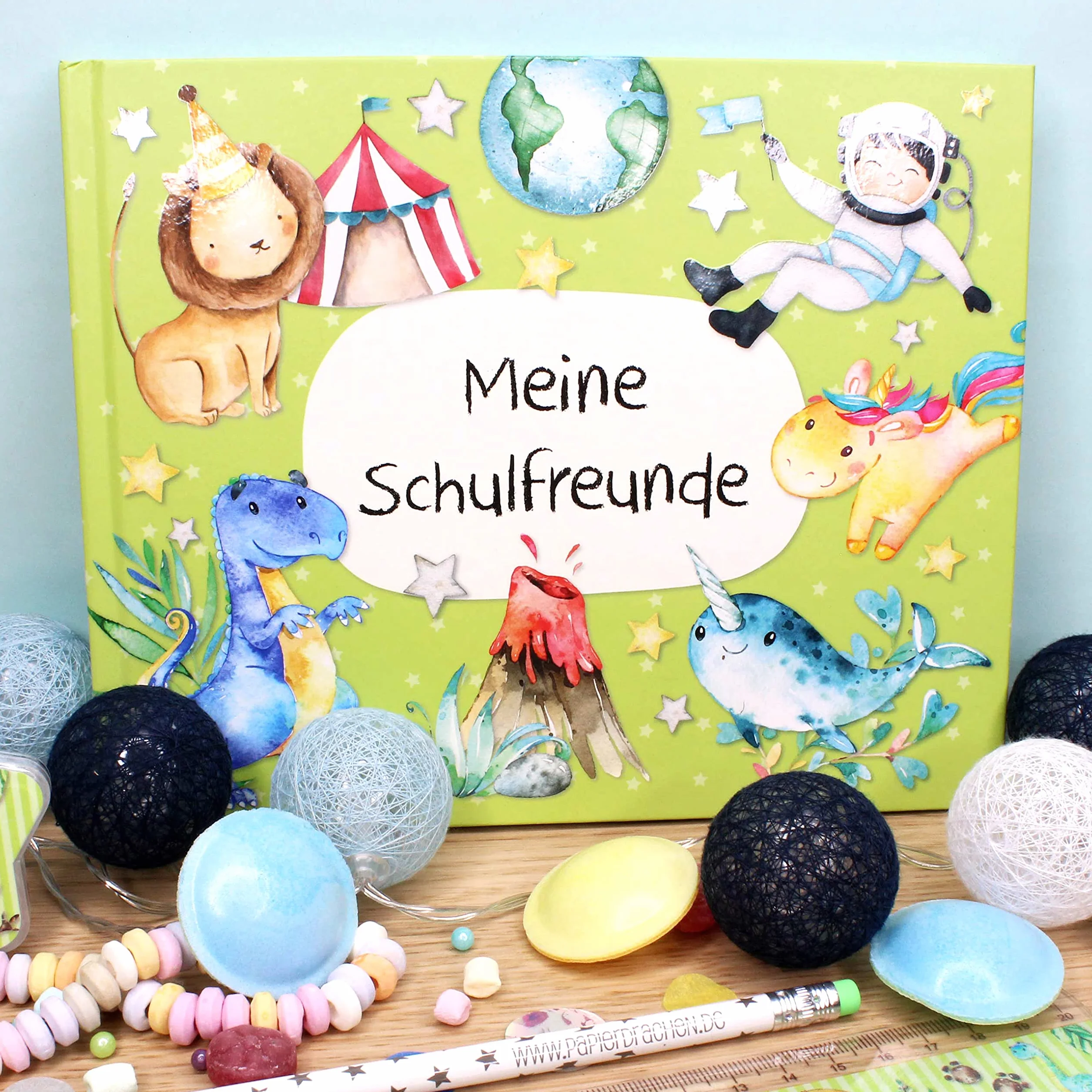 Papierdrachen Livre d'amitié pour enfants – Album de poésie avec dinosaures, chevaliers, astronautes – Vert – pour 27 amis