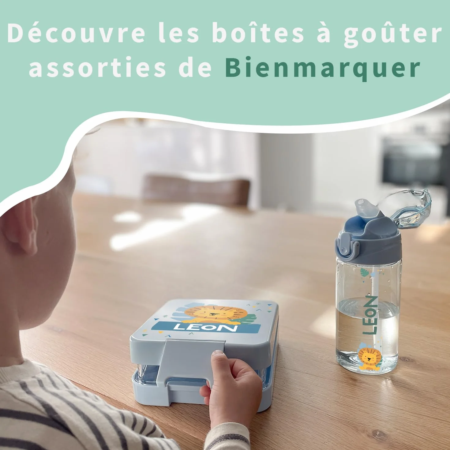 BIENMARQUER Gourde Personnalisable Enfant 450mL Bleu Clair Anti-Fuite