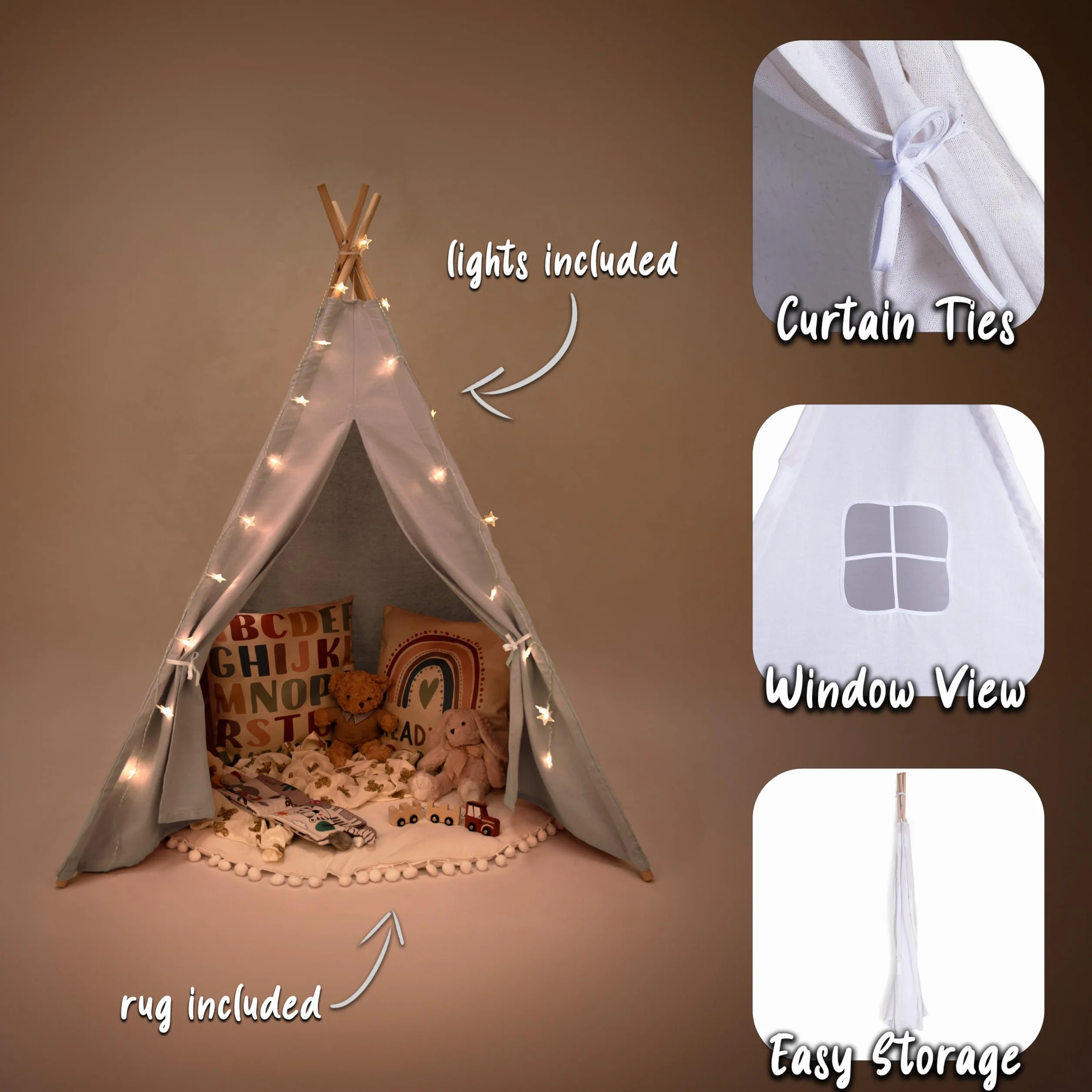 Tente tipi pour enfants blanc ivoire 140x120 cm toile coton avec guirlande lumières étoile