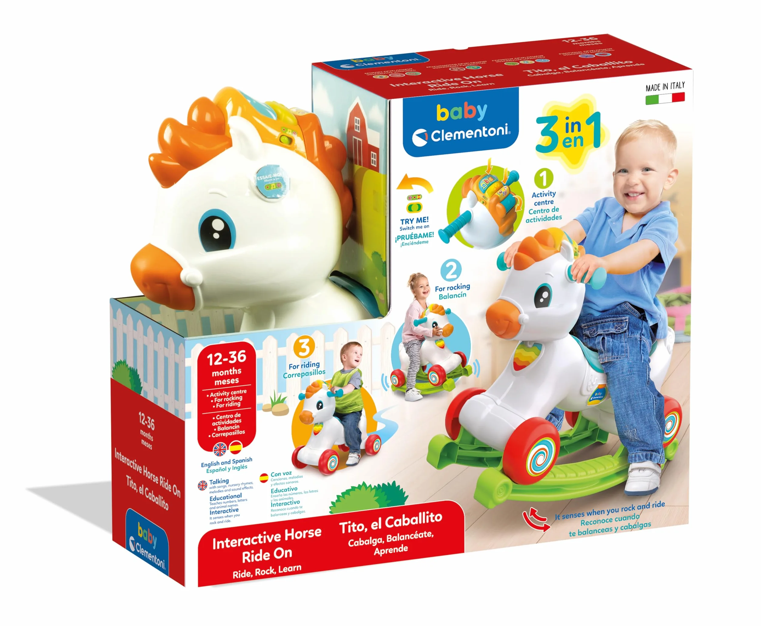Clementoni 61556 Tito Cheval à Bascule avec Musique Chiffres Lettres pour Bébés 12 Mois
