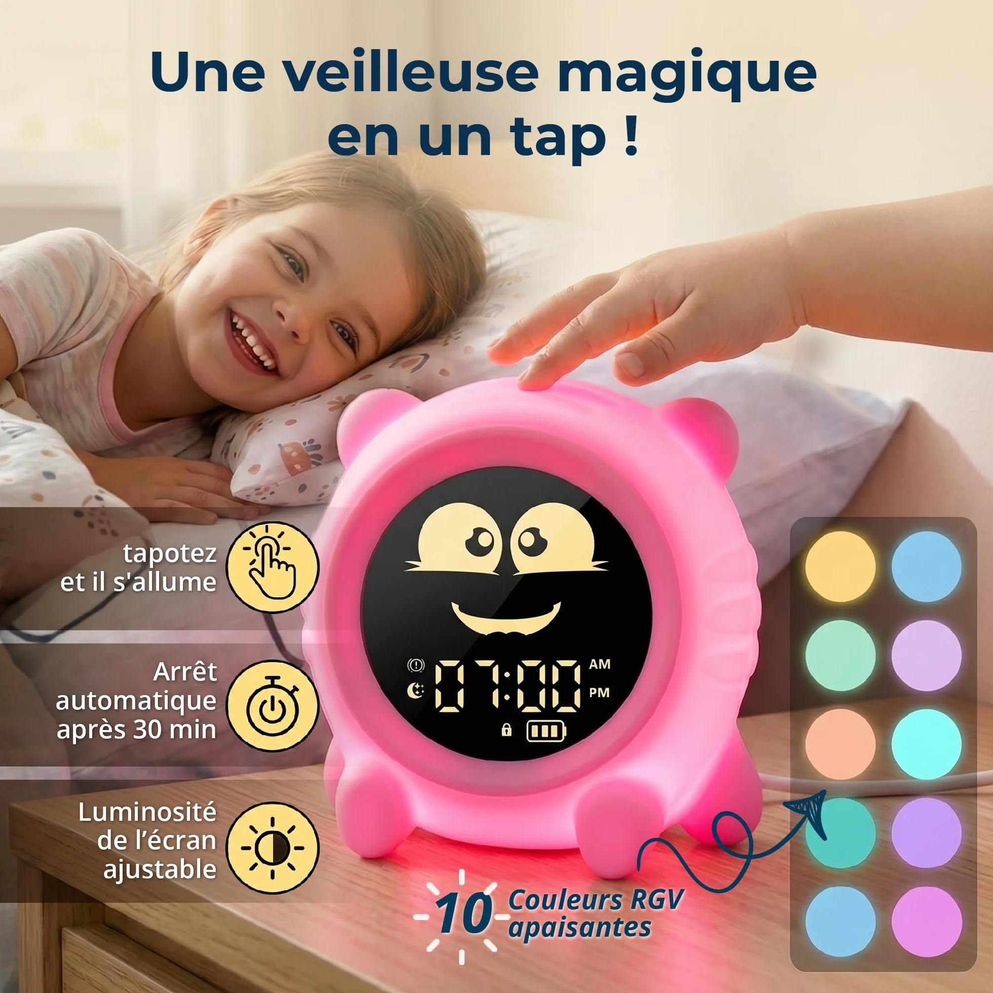 ANTIKOLOR Reveil Enfant éducatif Jour Nuit - Horloge Apprentissage Fille et Garcon - veilleuse bébé - dés 3 Ans