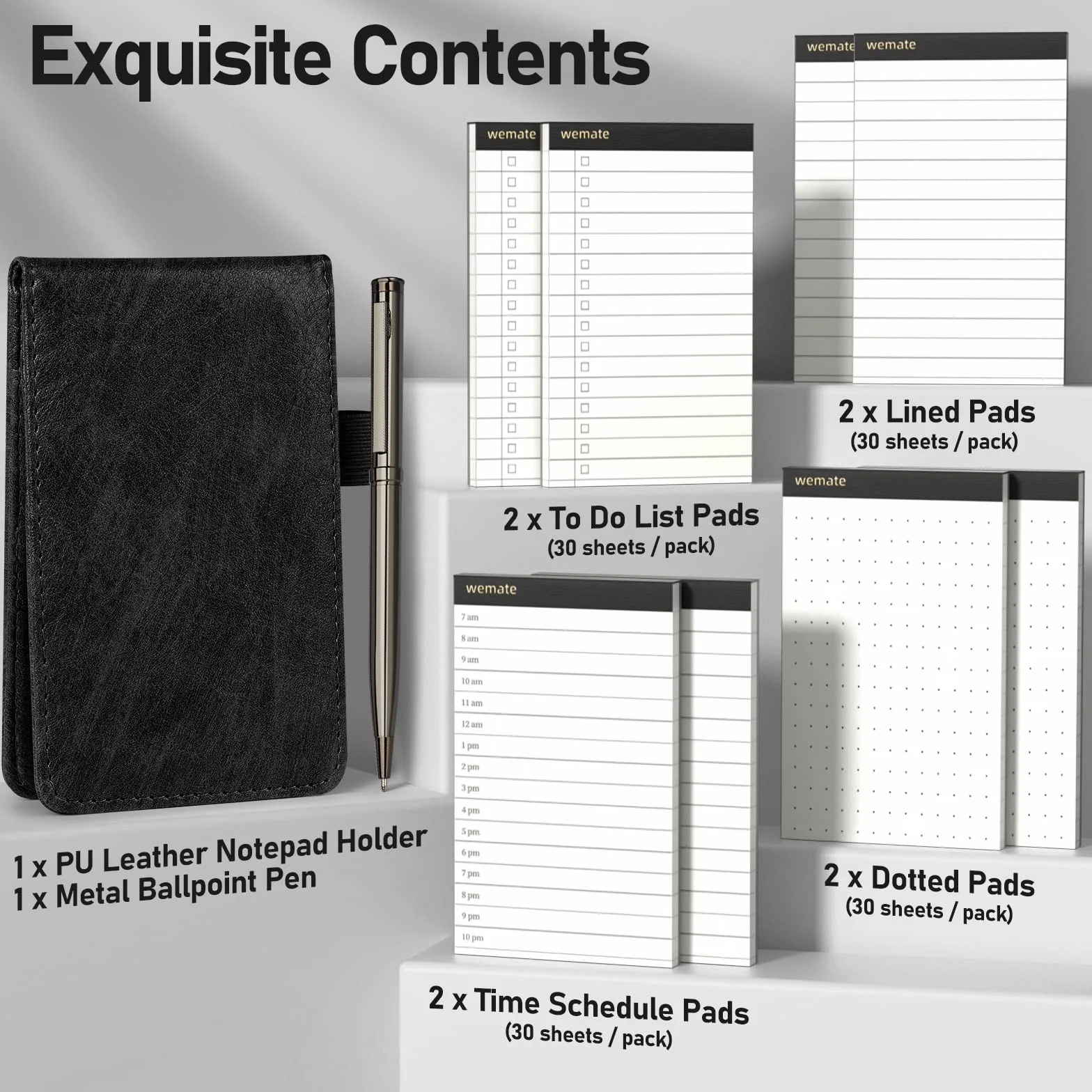 WEMATE 10 pièces Cuir PU Carnet de Poche Bloc Note avec recharges et stylo bille métal Noir
