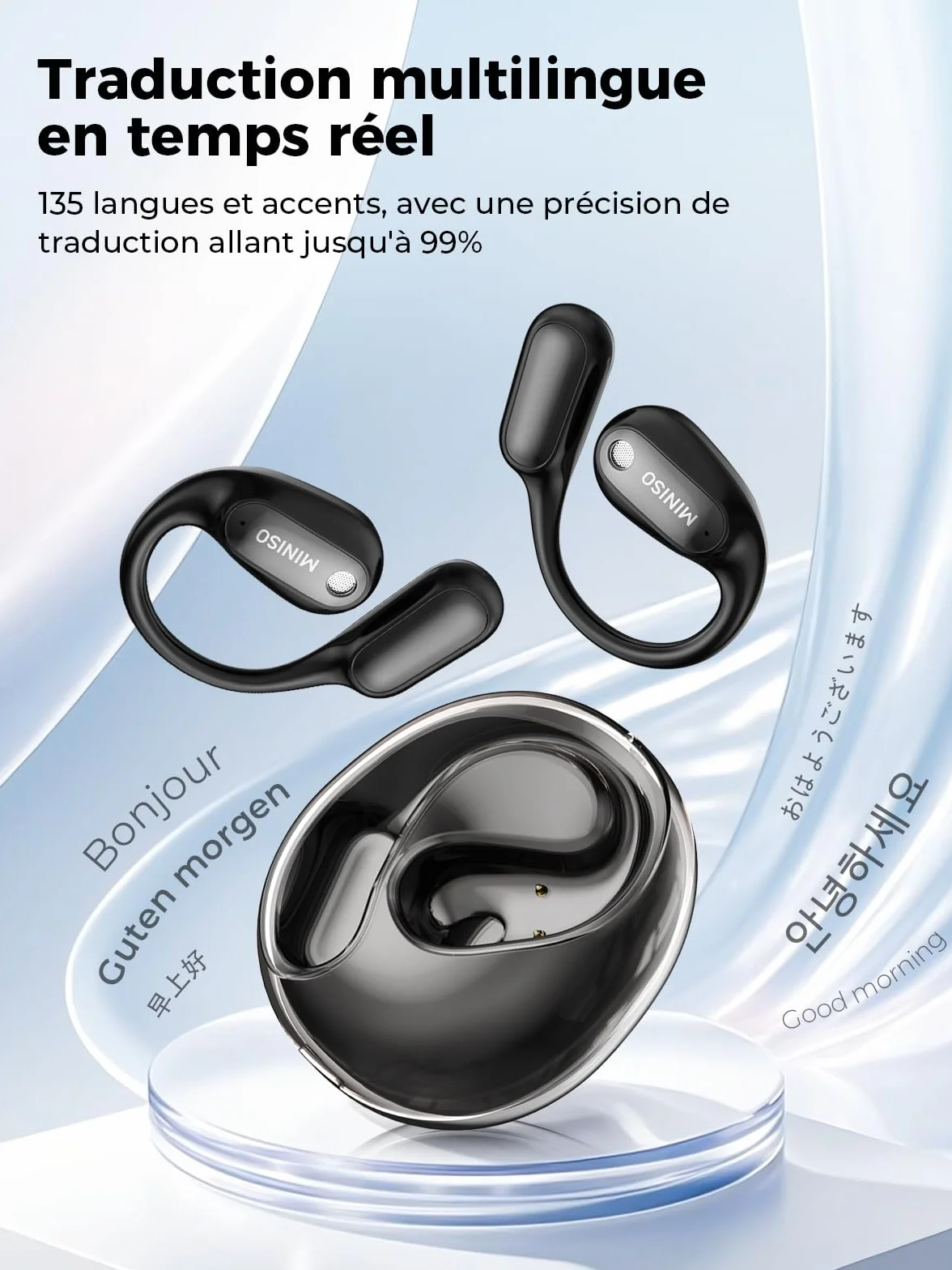 Ecouteur Traducteur instantané 3 en 1 MS190 Bluetooth 6.0 sans Fil 134 Langues Autonomie 60h
