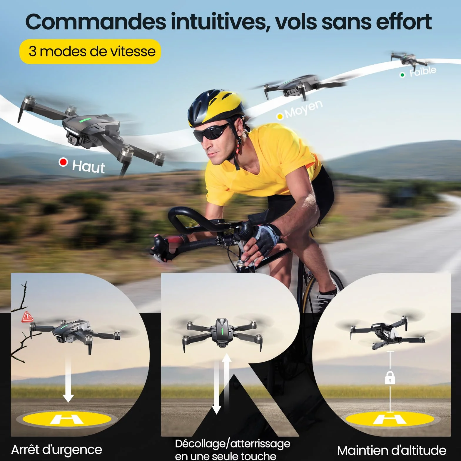 Drone DEERC D75 Caméra HD 4K Quadricoptère FPV Pliable 32 Min Vol Moteurs Brushless Commande Vocale Gestuelle Tap Fly 3 Vitesses Débutants