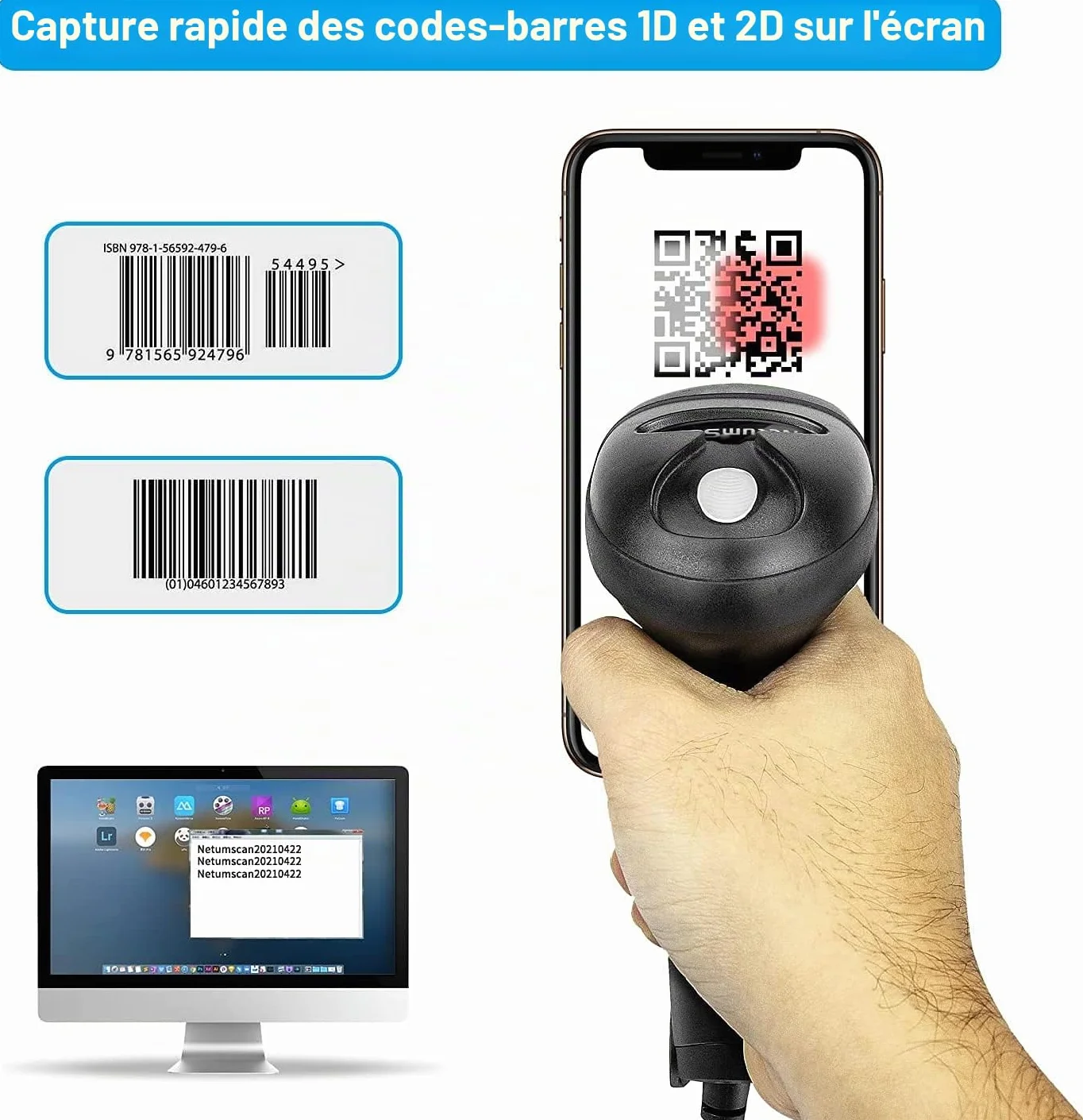 NetumScan NSL5 Scanner de codes-barres 2D portable USB pour PC MAC