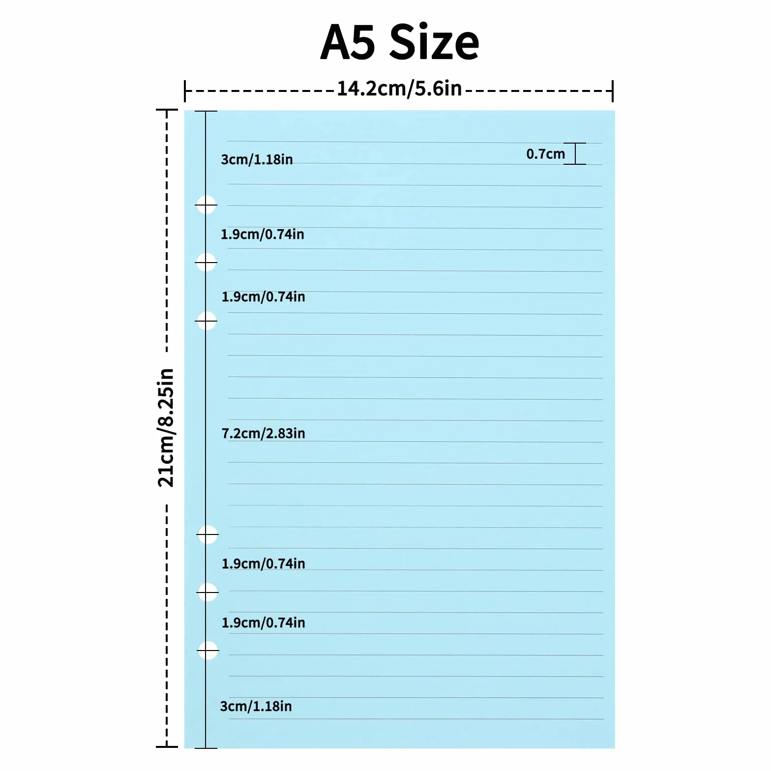 Recharge papier ligné A5, pages colorées pour classeur 6 anneaux, perforé 6 trous, compatible stylo plume, double face
