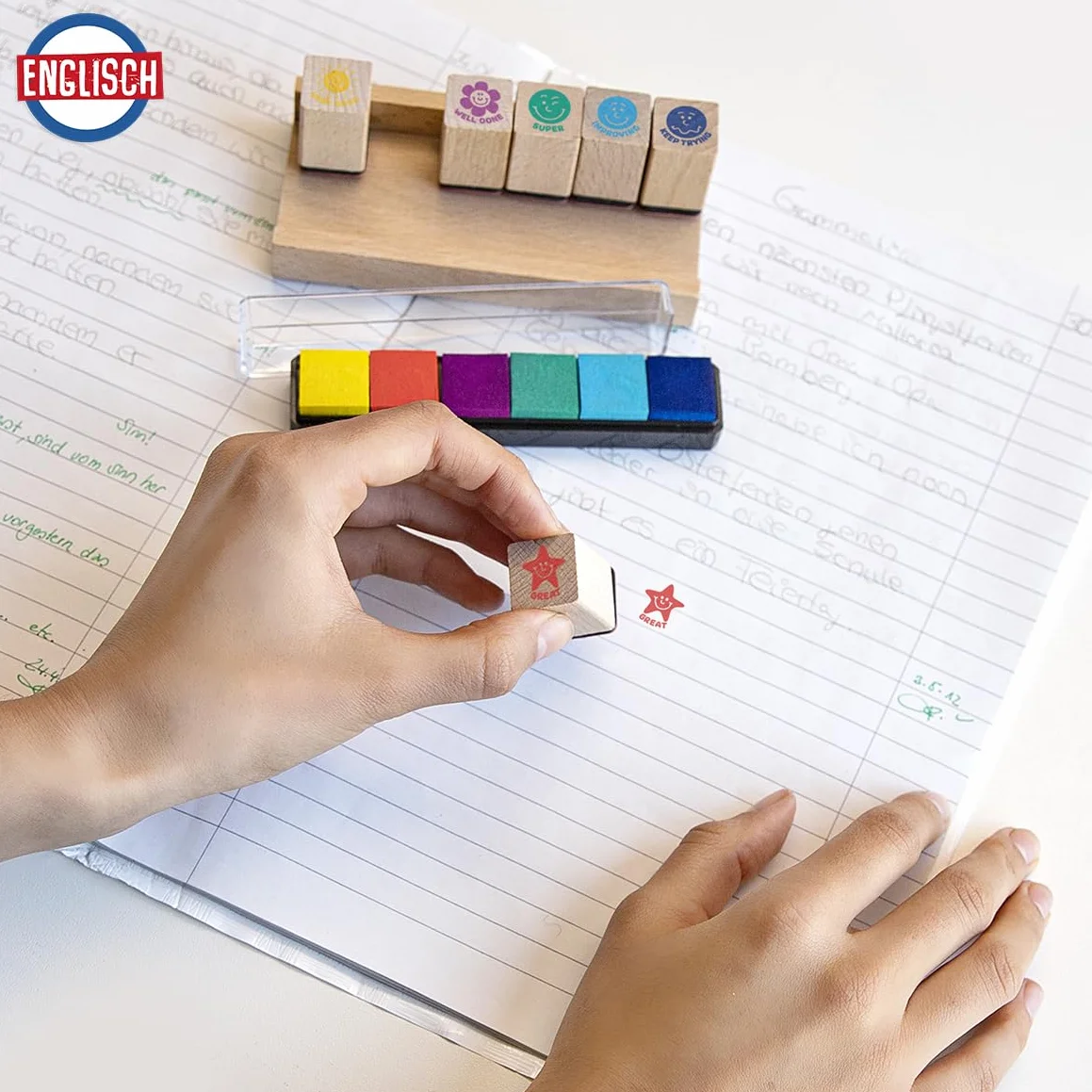 TRENDHAUS Set de tampons Anglais 6 pièces pour enseignants avec tampons encreurs colorés en bois