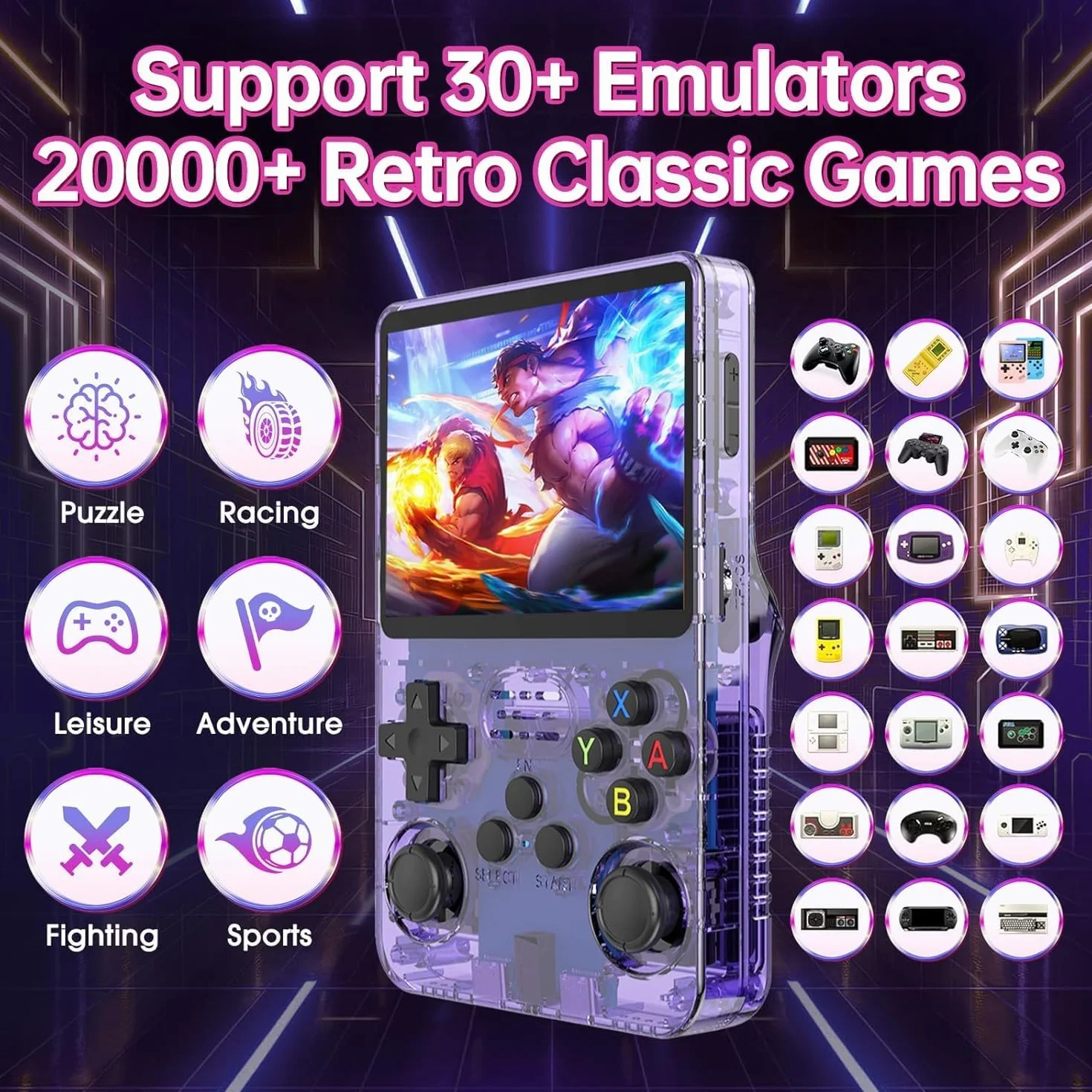 Console de Jeu Portable Rétro R36S 128 Go 40000 Jeux Classiques Linux Écran HD IPS 3,5 Pouces Violet