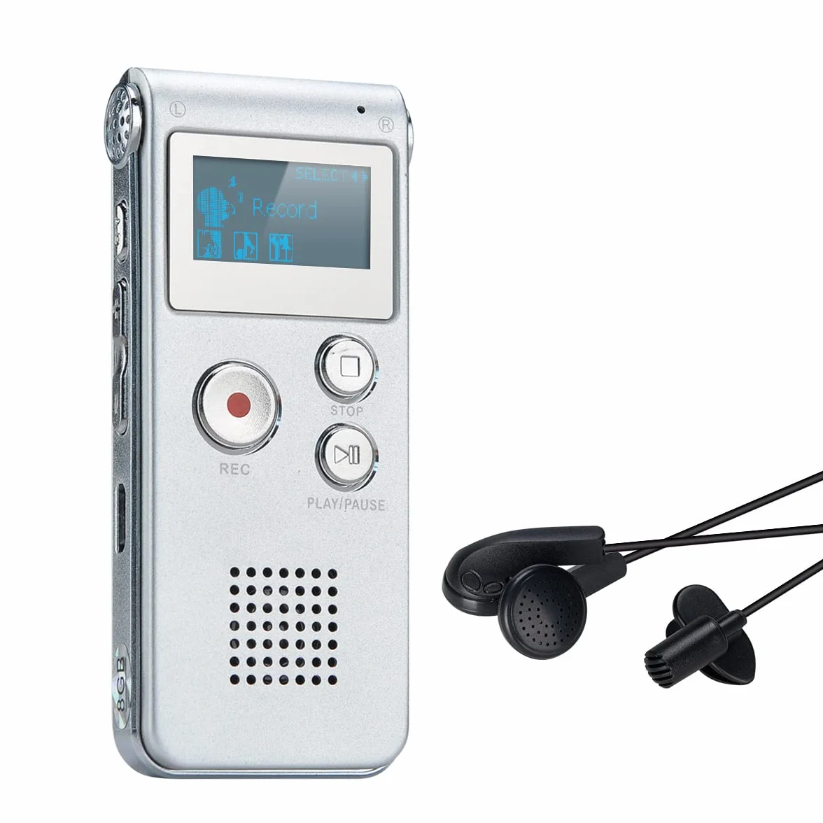 Dictaphone Enregistreur Numérique Portable 8GB Enregistreur Audio Lecteur MP3 LCD Argent