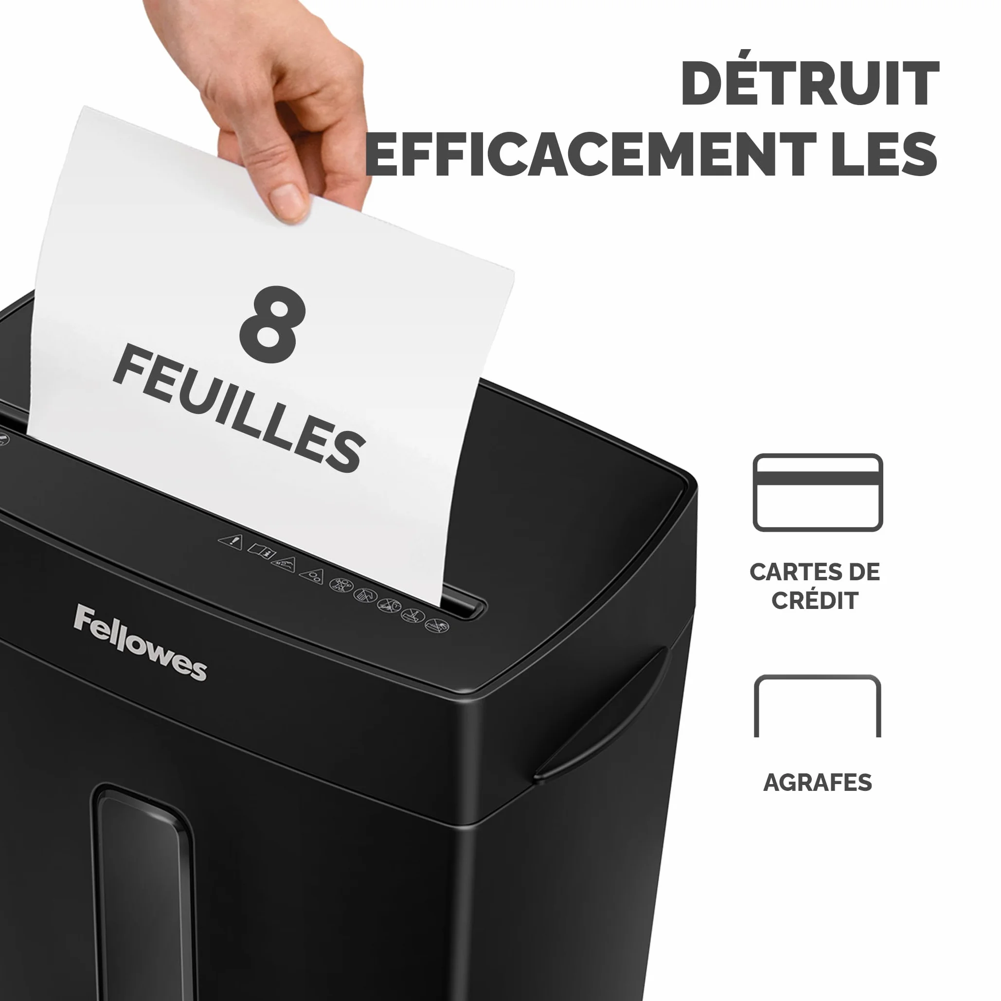 Fellowes Destructeur de documents FS-8C, coupe croisée, 8 feuilles, corbeille 15L, noir