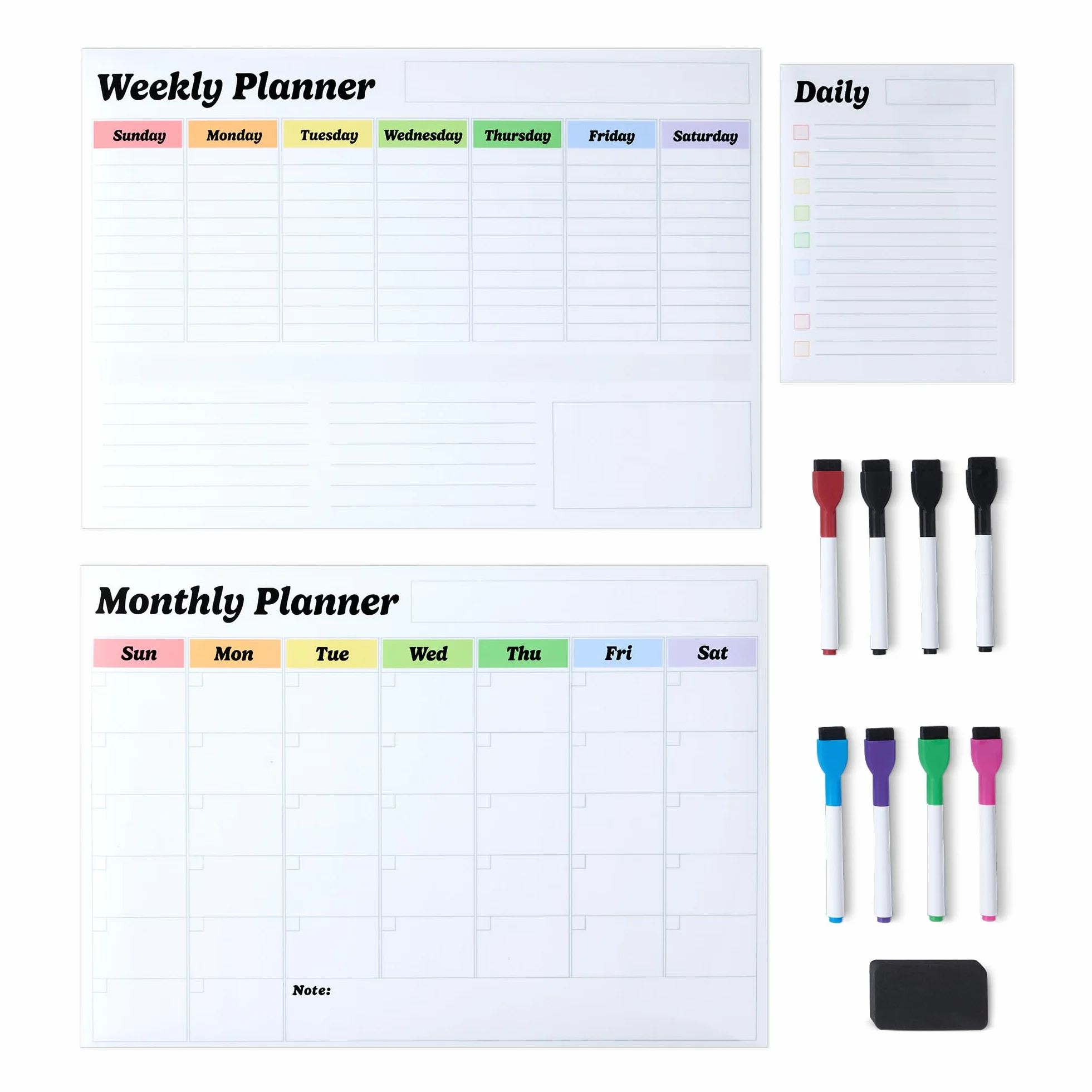 Amazon Basics Lot de 3 Tableaux Blancs Magnétiques Effaçables à Sec, Planning Mensuel Hebdomadaire Quotidien, 8 Marqueurs 1 Effaceur