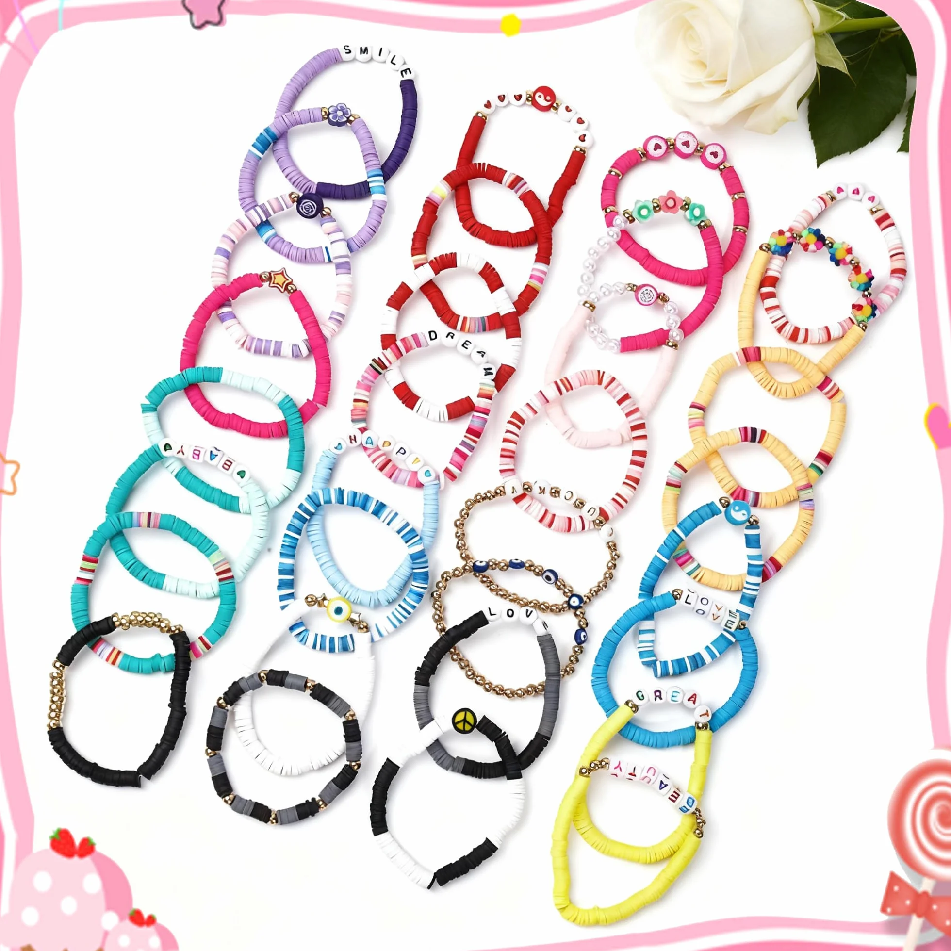 Lot de 32 Bracelets Colorés Preppy Cadeau Anniversaire Enfants Adolescents