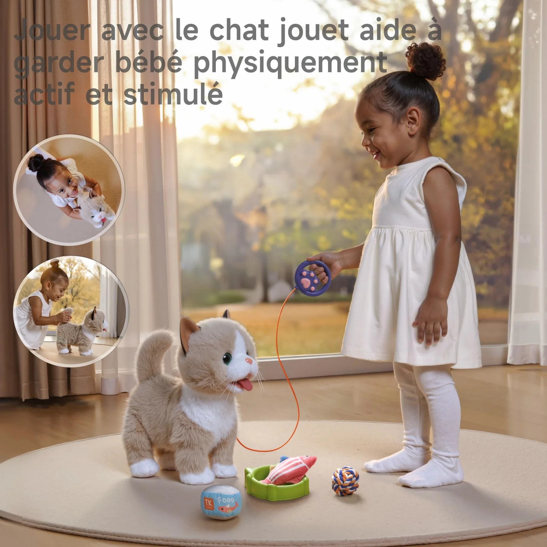 TUMAMA Peluche Interactif pour Chat Jouet Enfant 3-6 Ans Qui Marche Et Aboie en Laisse