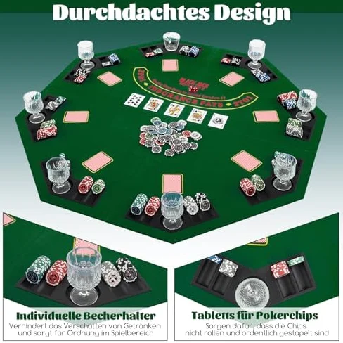 FANTASK Texas Holdem Tapis de Poker 120 x 120 cm Pliable pour 8 Joueurs avec Porte-gobelets, Vert