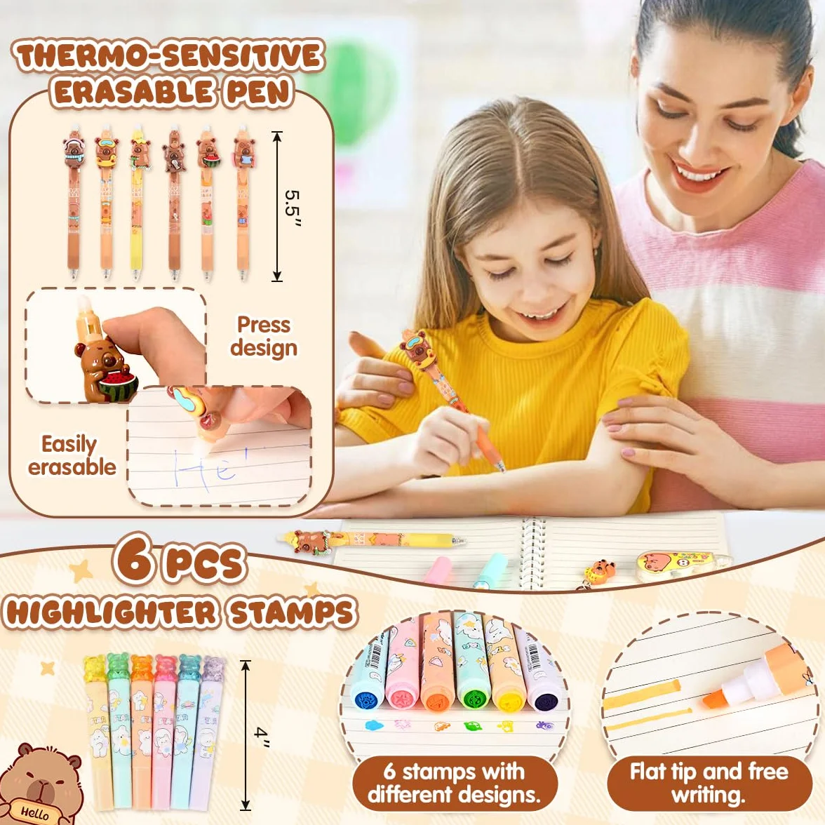 Papeterie Capybara Trousse Grande Capacité Stylo Effacables Carnets Notes Règle Dessin Signets Porte-Monnaie Fourniture Scolaire