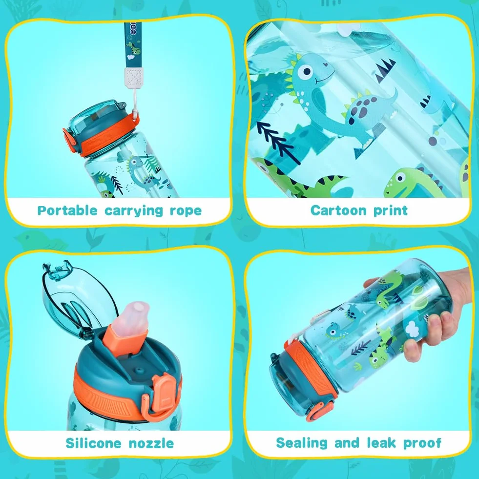 Flintronic 600ML Gourde Enfant avec Paille, Bouteille Enfant avec Poignée, Anti-Fuite, sans BPA Tritan pour l'école Sport (Vert-Dinosaures)