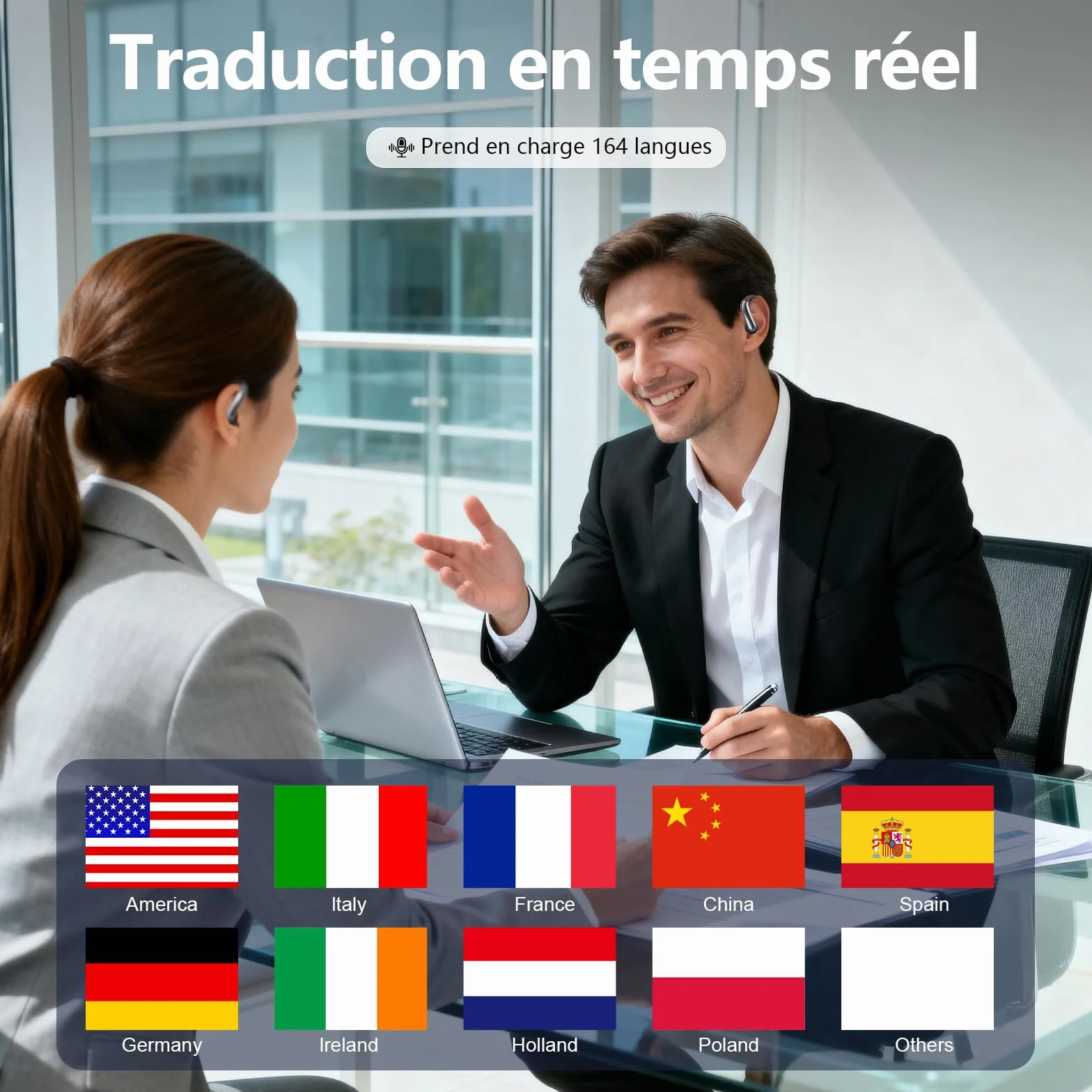 Casque Traducteur Intelligent 164 Langues 4 en 1 Ouvert 7 Modes Traduction Musique Sport Apprentissage Voyage