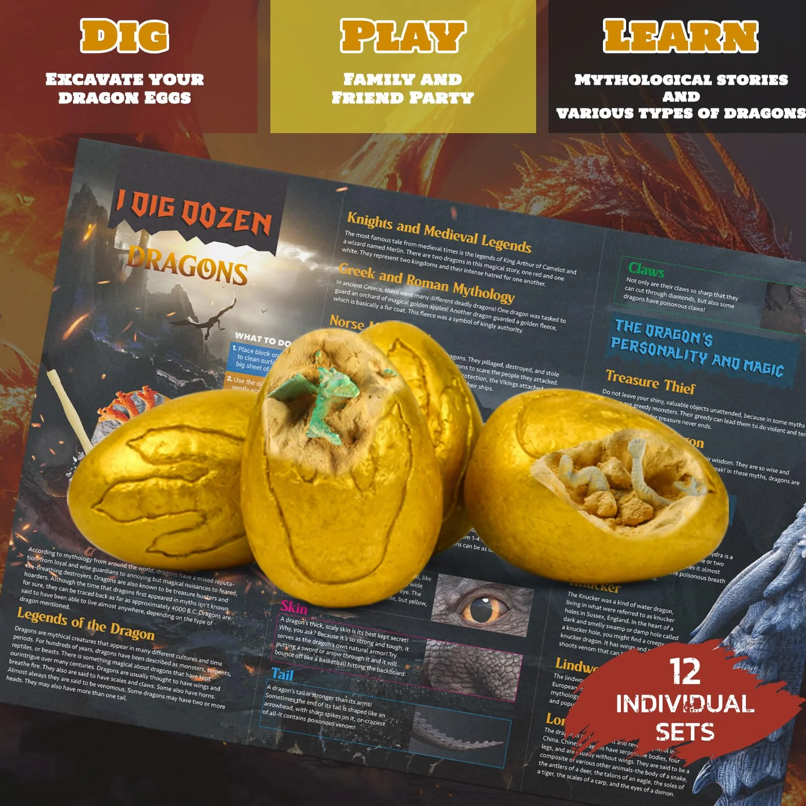 Kit de Fouilles Dragon Oeuf Enfant - Creuser 12 Jouets de Dragon - Cadeau Jeux Garcon 6-12 Ans