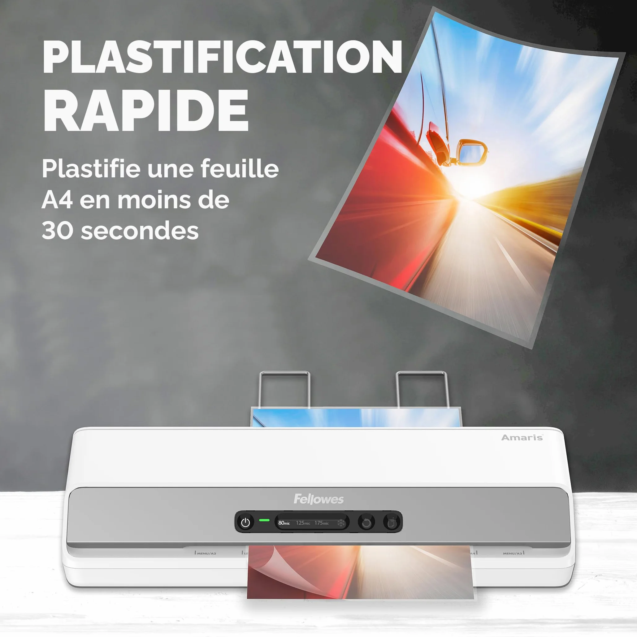 Fellowes Plastifieuse Amaris A3, Chauffe Rapide 1 Min, Arrêt Automatique, Mode Veille, InstaHeat, 80-175 Microns, 10 Pochettes A4