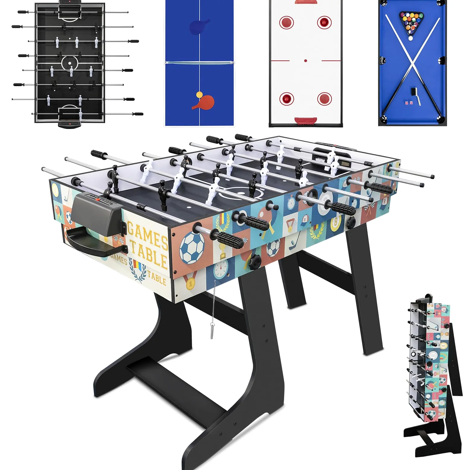 Table Multi-Jeux Pliable 4en1,Baby-Foot,Billard,Air Hockey,Ping-Pong