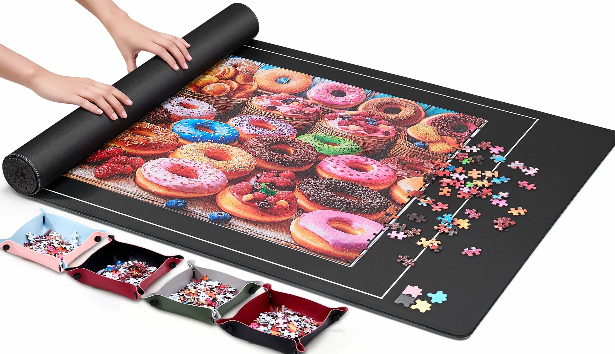 Tapis Puzzle 1500 pièces Surface Lisse Polyester Base antidérapante Caoutchouc Rouleau Mousse 6 Plateaux classement Sac Transport