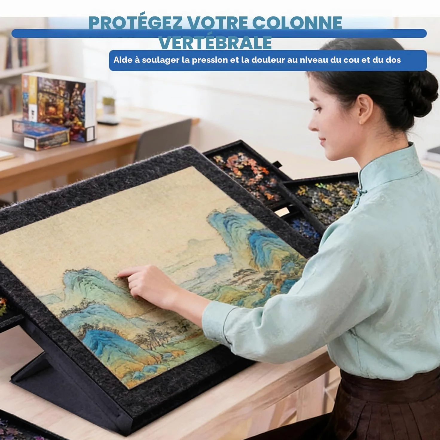 Table puzzle pliable pour 1000 pièces, inclinable avec 6 tiroirs | Planche de puzzle avec support design 2 en 1 et couvercle en feutre super léger pour puzzle jusqu'à 1000 puzzles (noir)