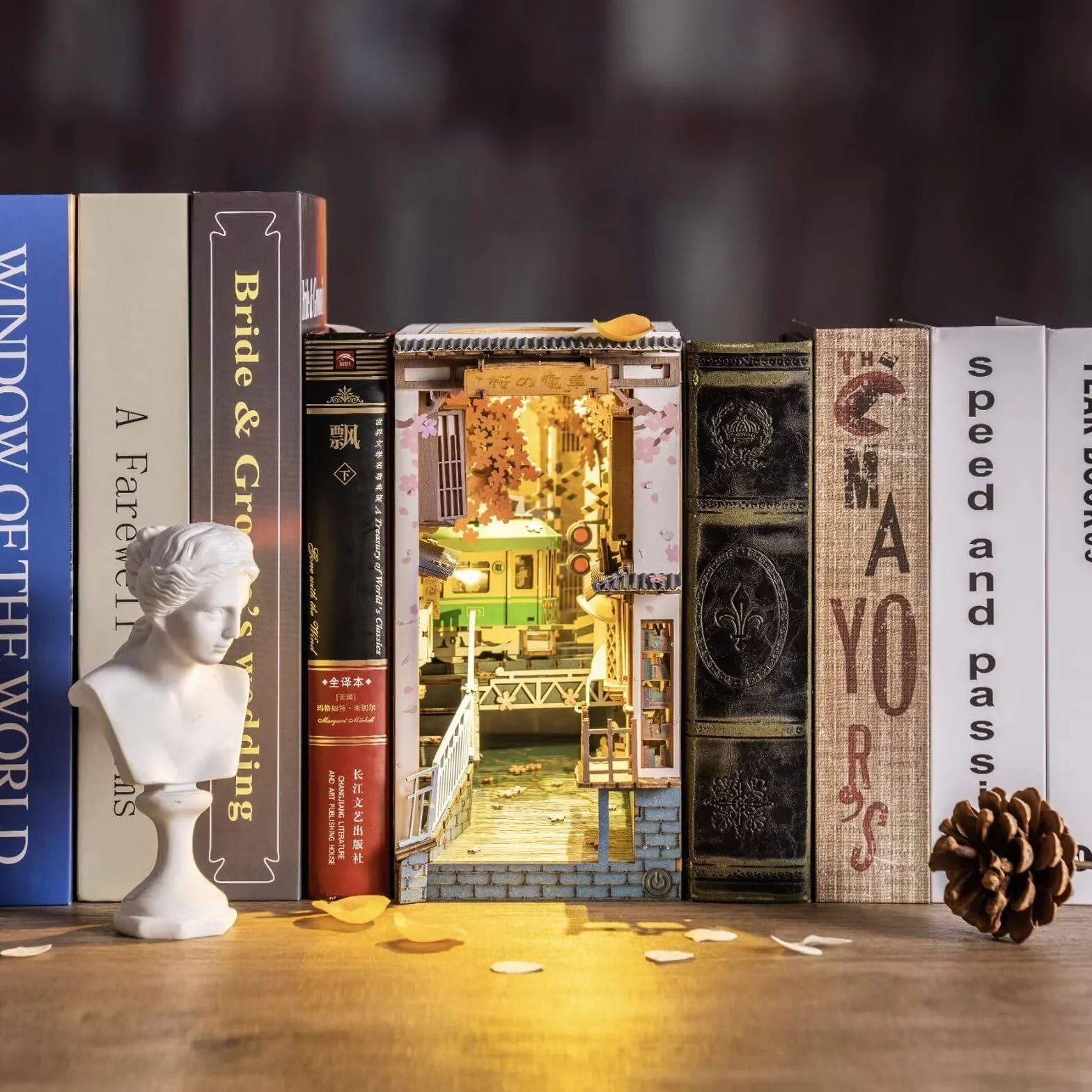 Rolife Sakura Densya DIY Book Nook Kit Maison Miniature à Construire 3D Bois Décoration Bibliothèque