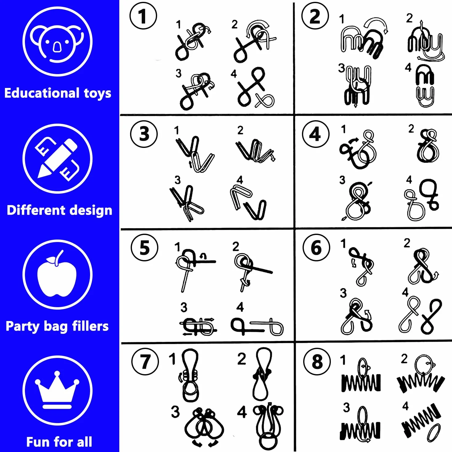 Métal Brain Teaser Puzzle, 8 Pièces Casse Tête Metallique IQ Test Disentanglement Jeu Educatif Cadeau