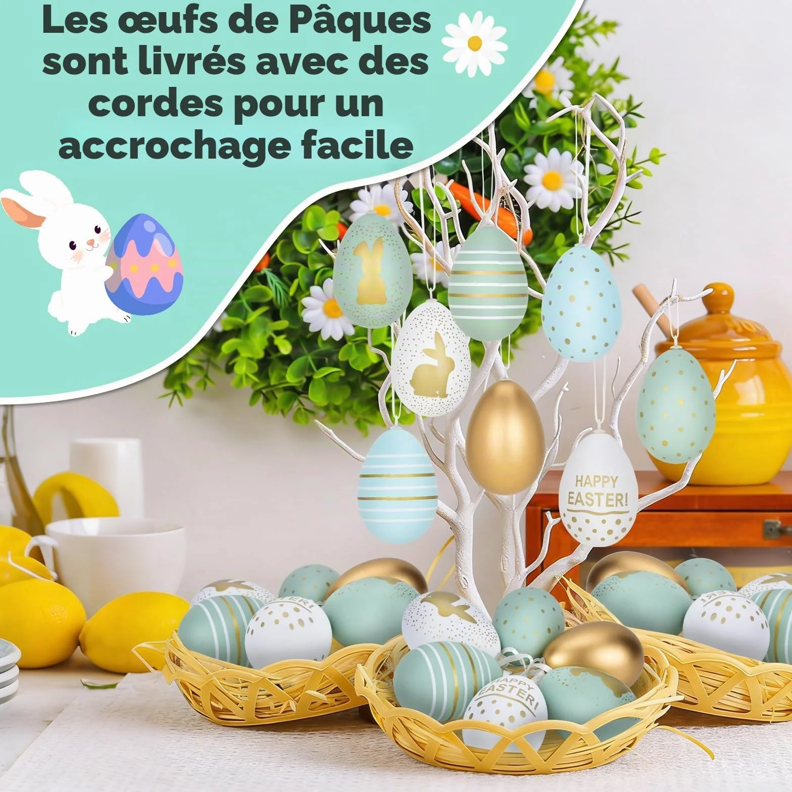 Œufs de Pâques en plastique 6 cm x 4 cm Lot de 24, or bleu clair vert clair blanc 7 designs