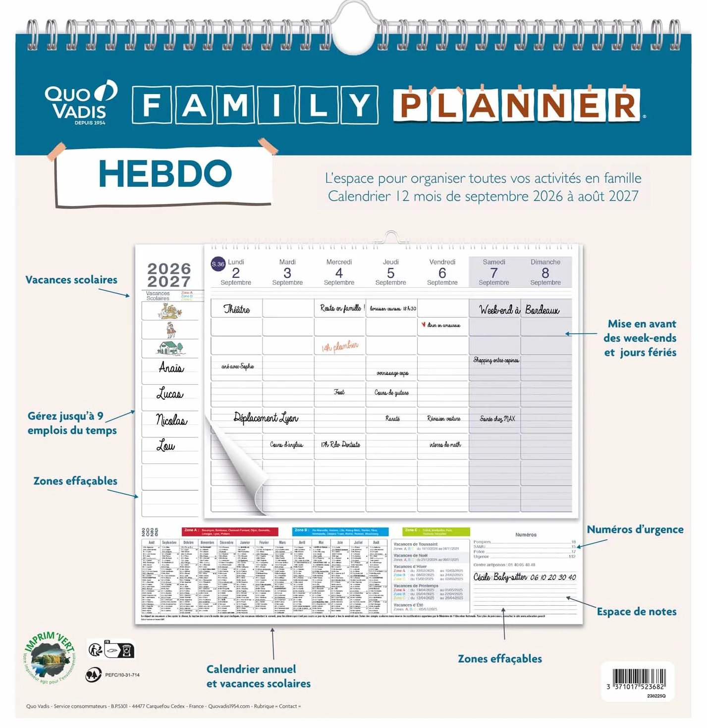 QUO VADIS Calendrier Family Planner Hebdo 30 x 30 cm Septembre 2026 à Août 2027
