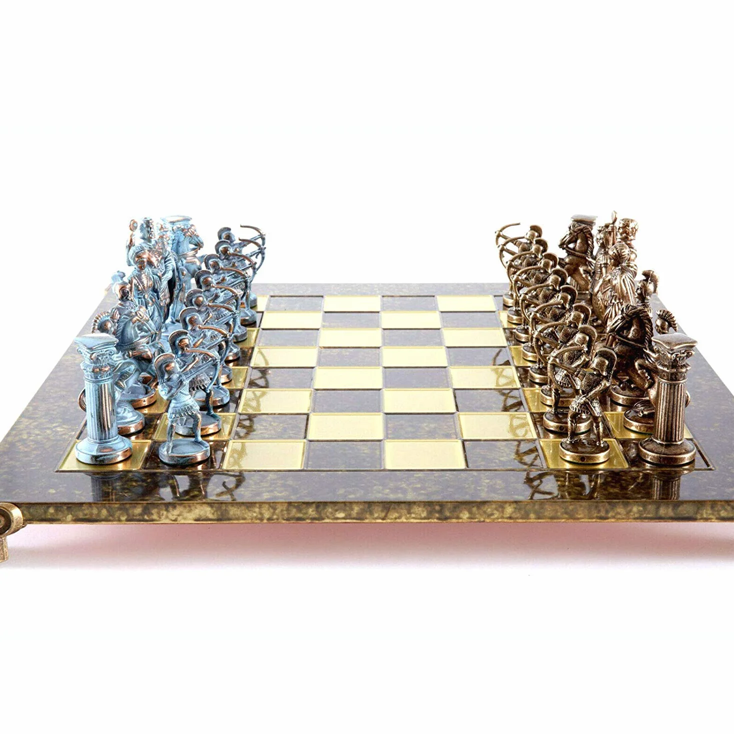 Manopoulos Archers Large Chess Set - Blue&Copper - Brown Chess Board