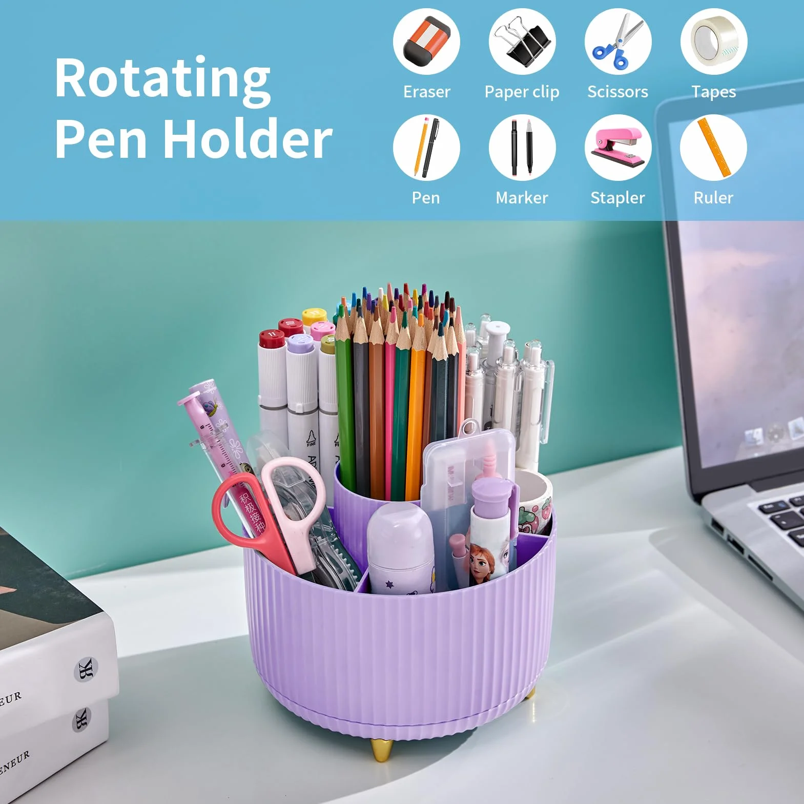 Marbrasse Organisateur de Bureau Rotatif 360 Degrés 5 Compartiments Porte-Crayons Rangement Violet