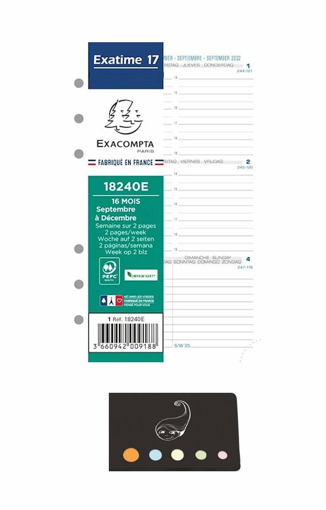 Lot Recharge Septembre 2026 à Décembre 2027 1 Semaine sur 2 Pages Horizontal pour Organiseur 17 + Index Adhésif Blumie