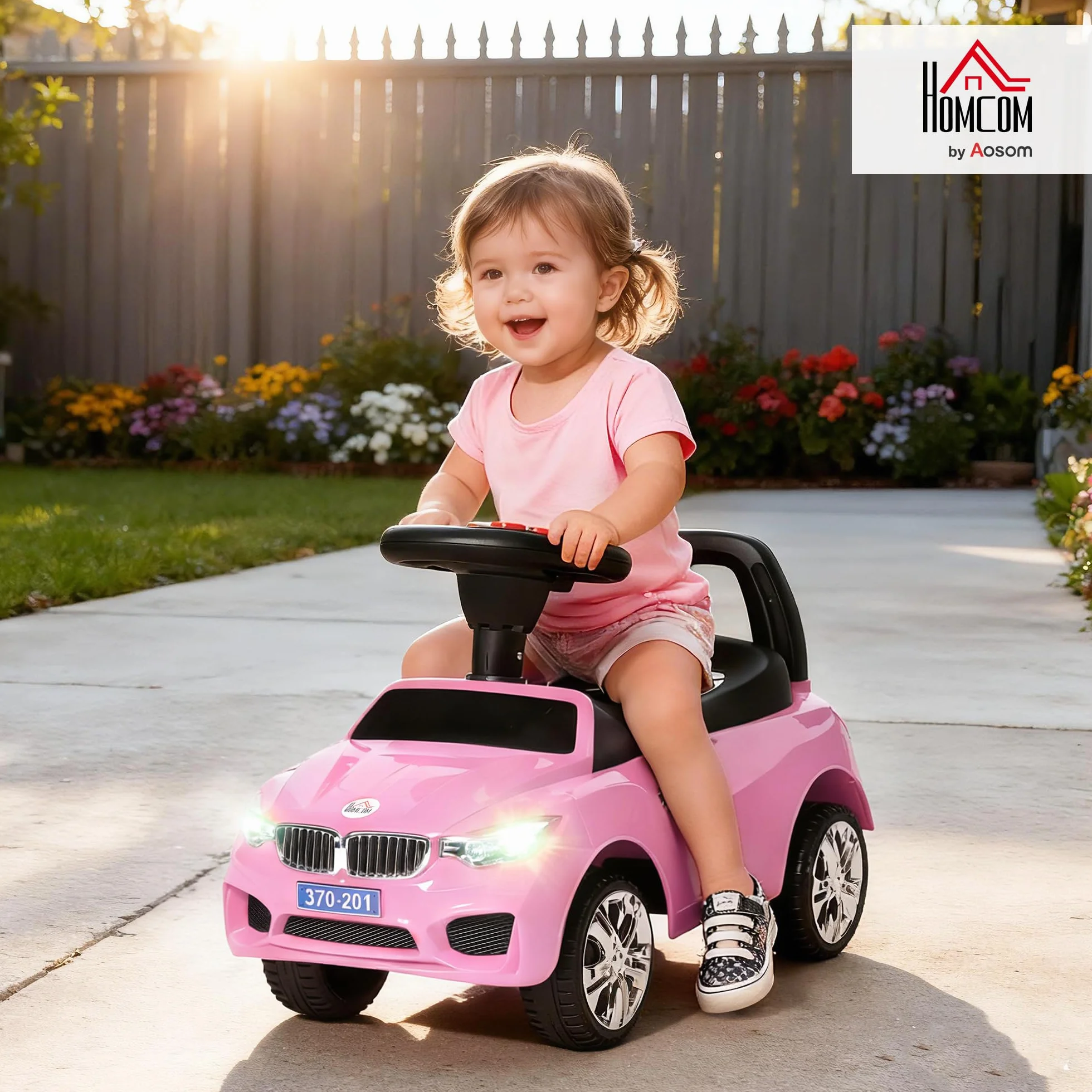 HOMCOM Voiture à Pousser Enfants avec Coffre à Jouets, Klaxon, Phares, Musique, 18-36 Mois, Rose