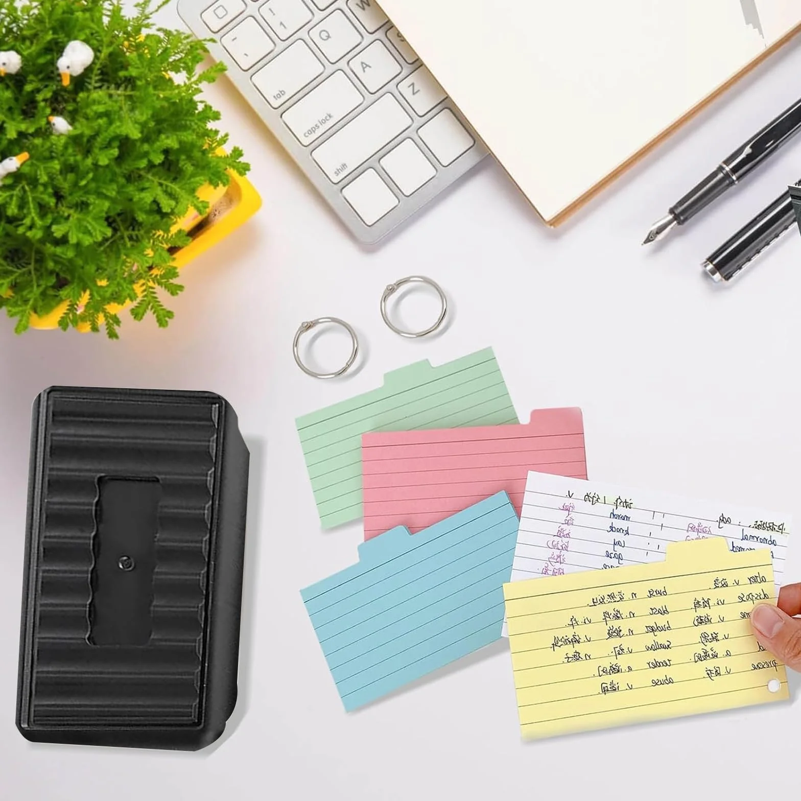 Boîte à Fiches de Rangement avec 150 Fiches Blanches, 15 Index Cards, 6 Anneaux pour l'École