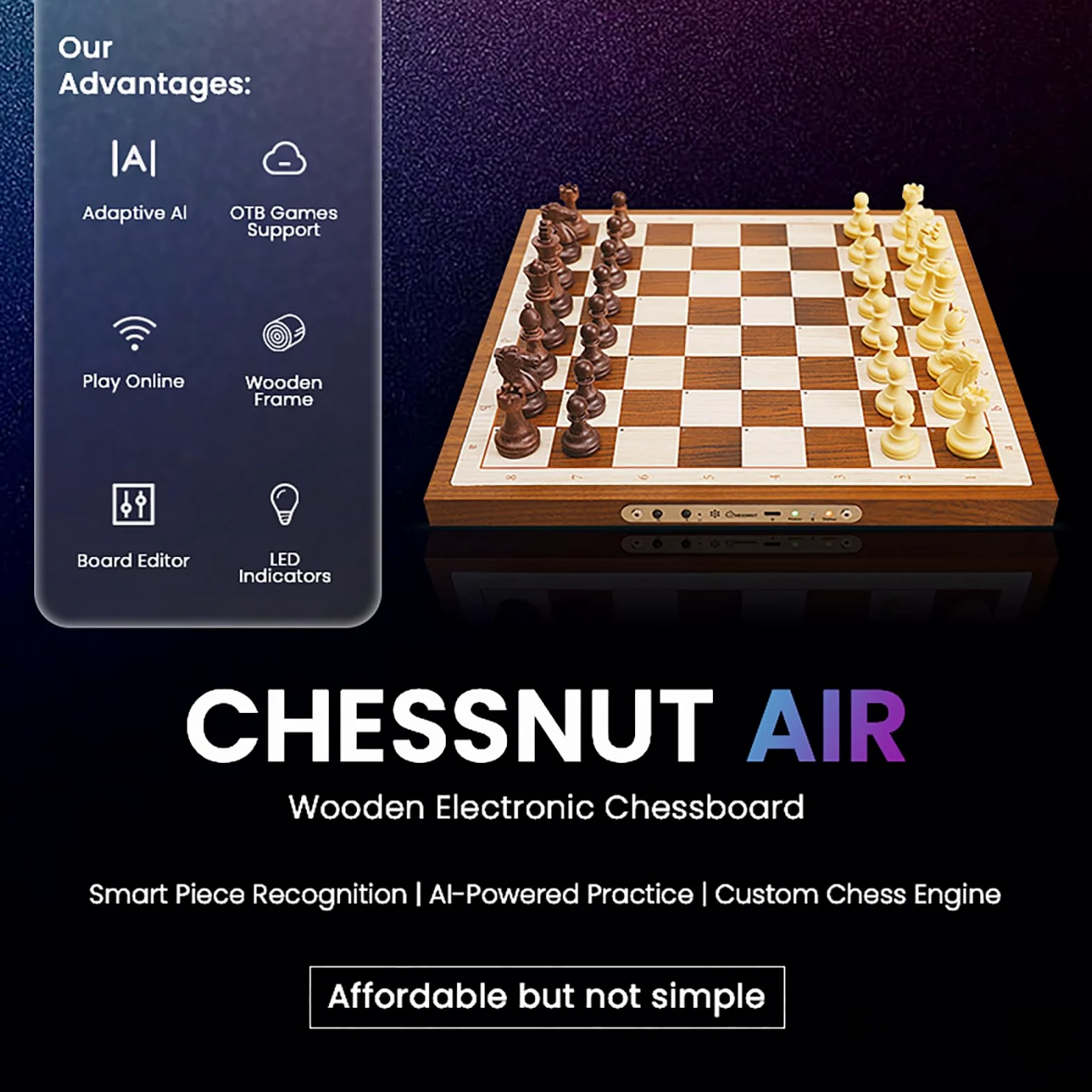 Jeux d'échecs électroniques Chessnut Air - Échiquier en Bois Fait Main, LED, IA adaptative et Application