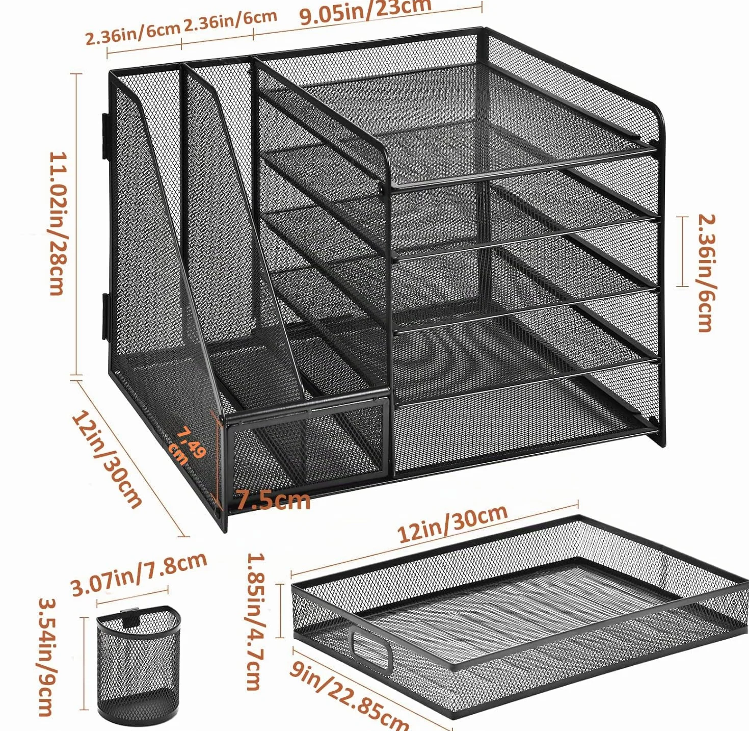 Marbrasse Organisateur de Bureau 5-Niveaux Porte-Lettres Rangement Maille Noir avec Tiroir Porte-Stylos