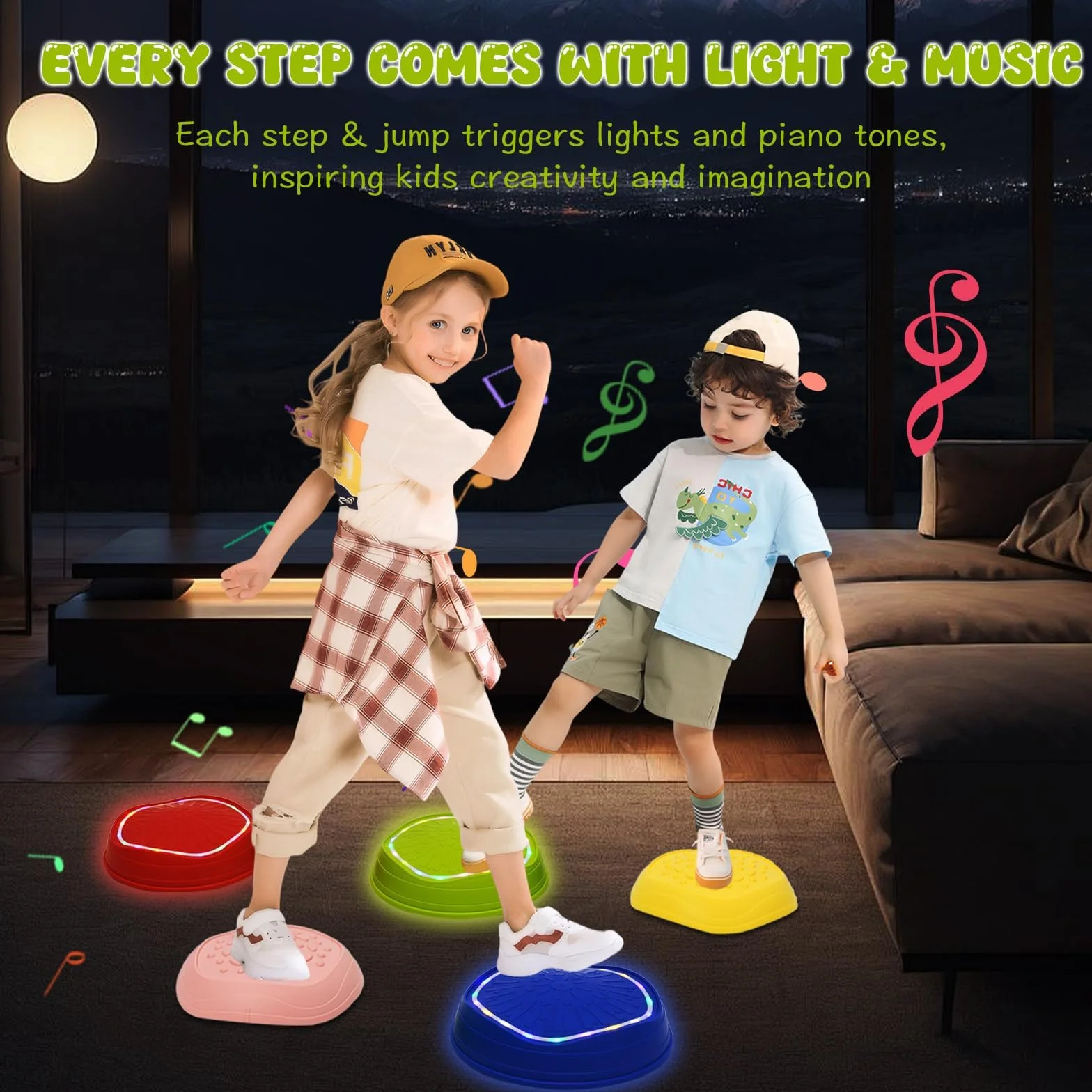 Pierres d'Équilibre Enfants 5PCS Parcours Motricité avec Musique et Lumière – Formation d'Équilibre Antidérapantes Jouets Sensoriels Int-Ext 3-8 Ans 70 kg
