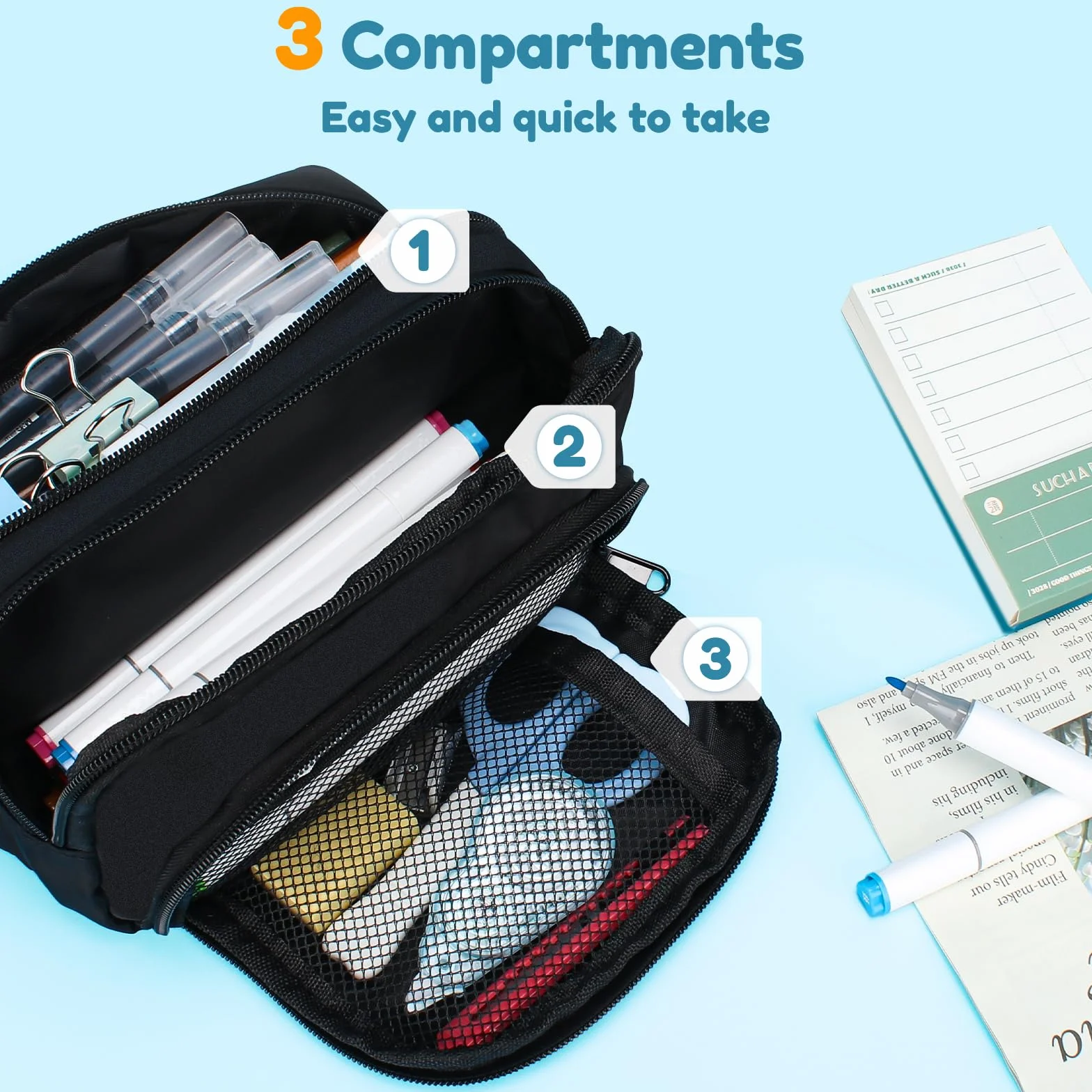 Euqvunn Trousse Crayons Grande Capacité 3 Compartiments Sac de Papeterie Organisateur Fourniture Scolaire Bureau
