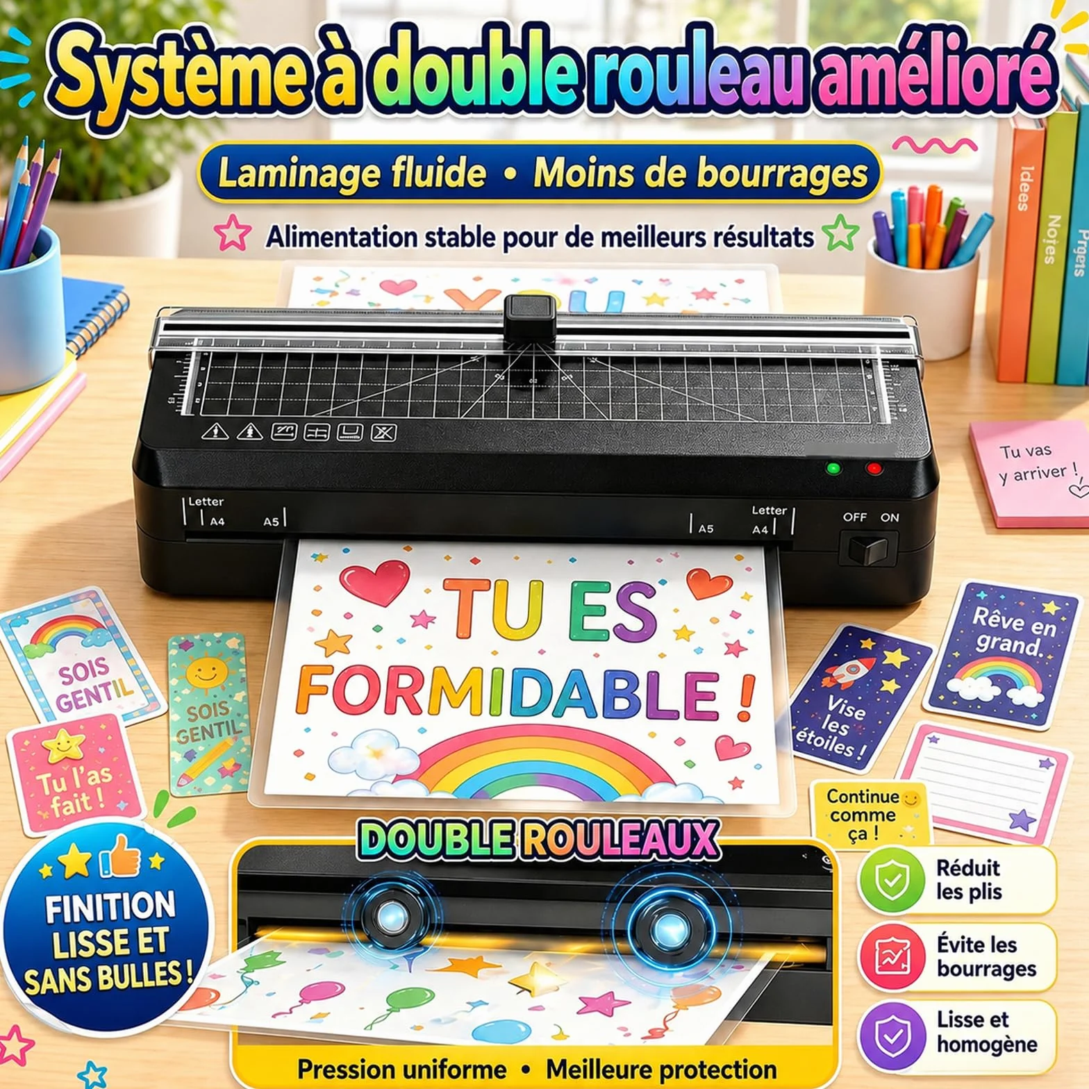 Plastifieuse thermique A4 70S réchauffement rapide coupe-papier intégré portable A5 A6 pochettes maison bureau école