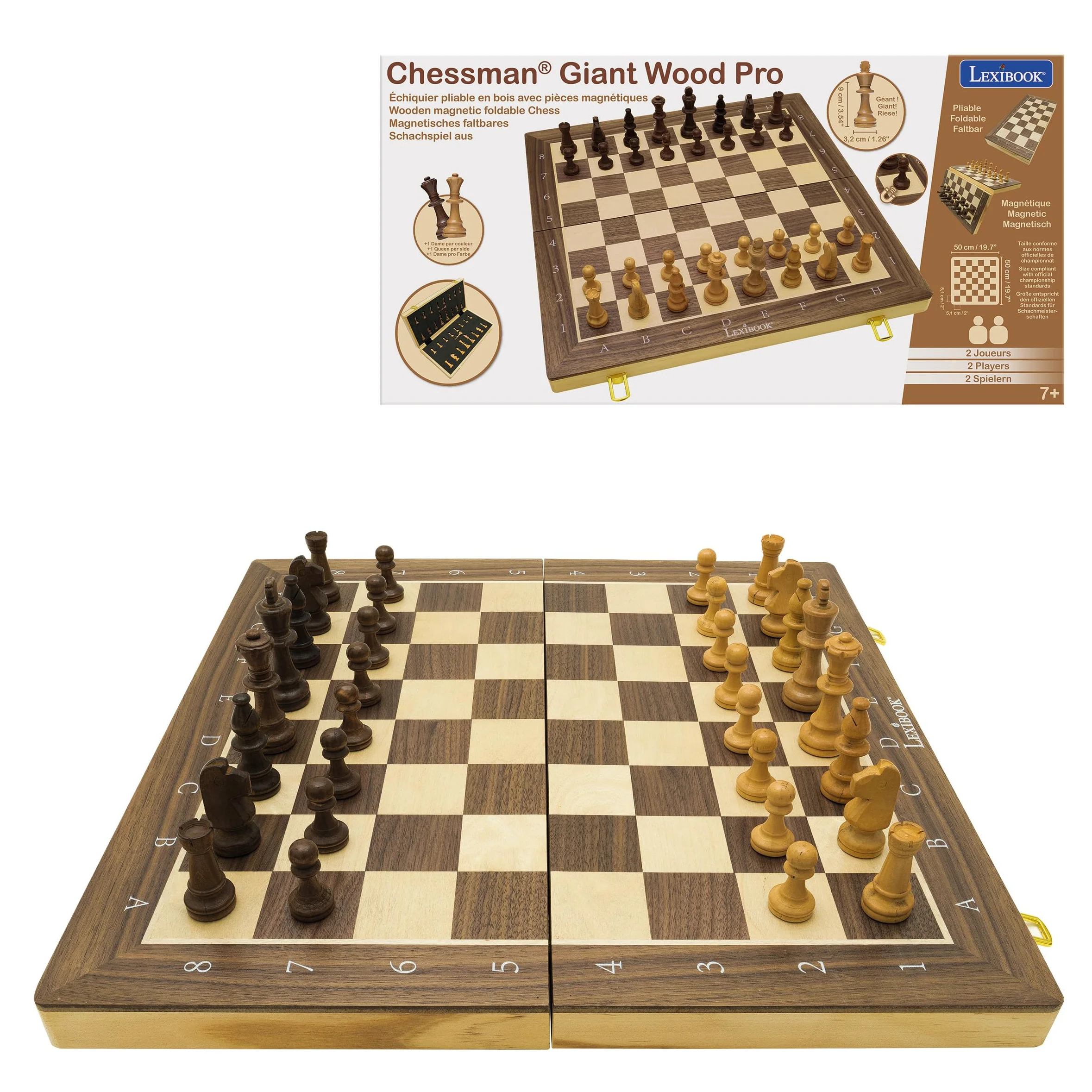 Lexibook, Chessman Géant Pro Jeu d'Échecs Bois, CGM1000LXB | Échiquier en bois pliable avec pièces magnétiques