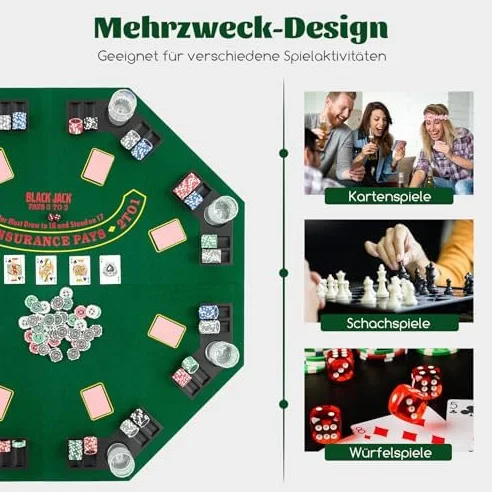 FANTASK Texas Holdem Tapis de Poker 120 x 120 cm Pliable pour 8 Joueurs avec Porte-gobelets, Vert