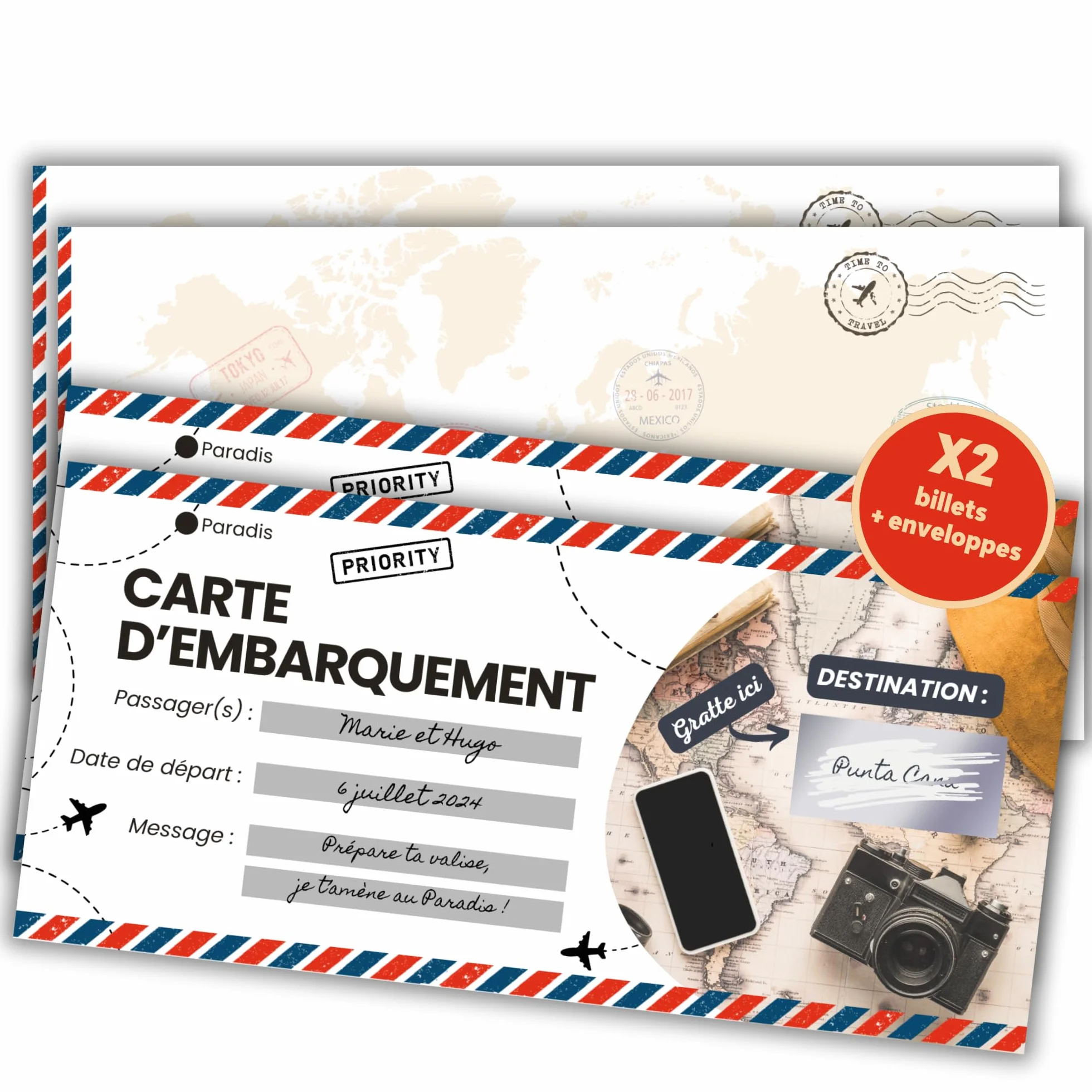 Carte à Gratter Voyage Surprise Personnalisable en Français - Billet d'Avion Annonce Cadeau Anniversaire Noël EVJF EVG - Pack de 2