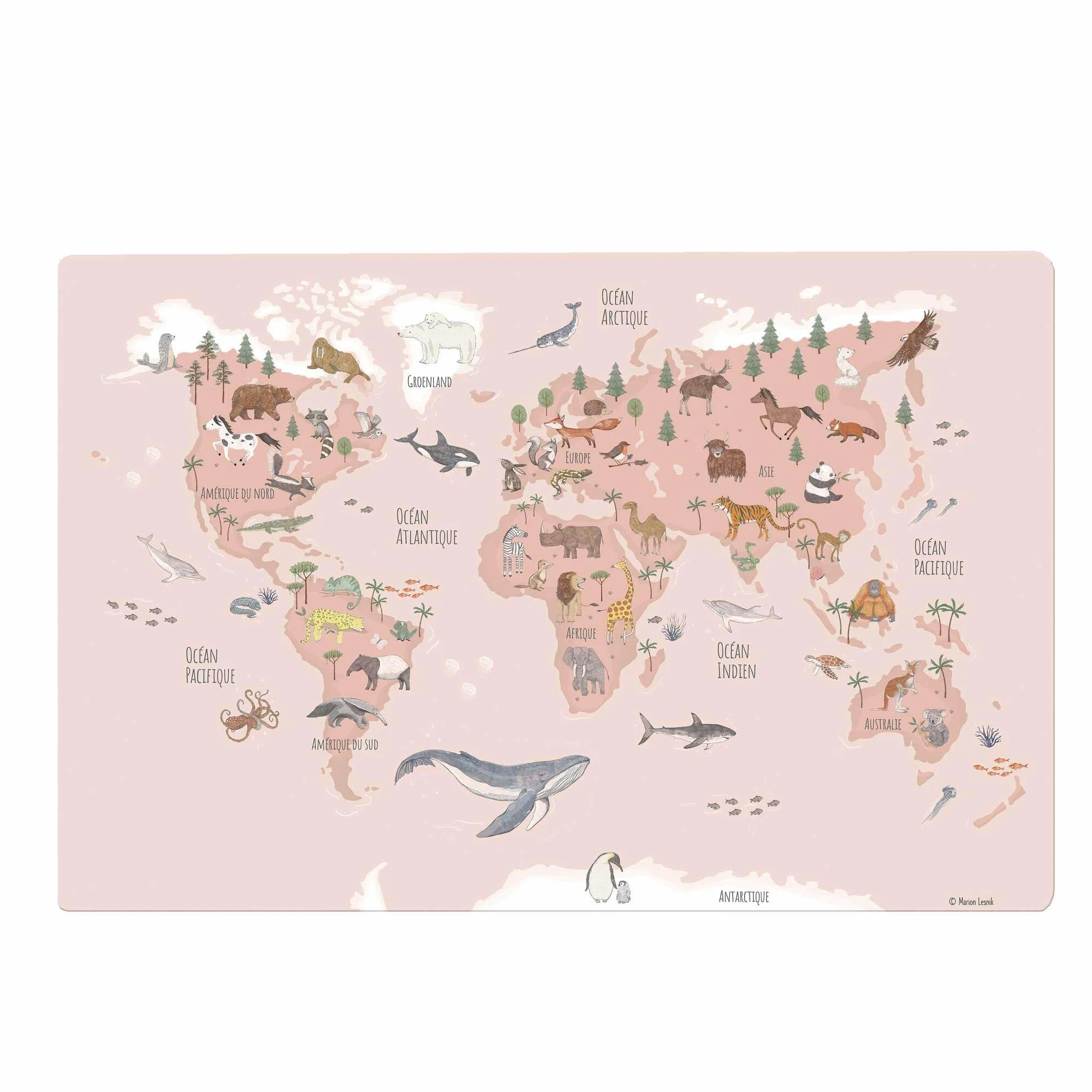 Sous-main pour enfants Carte du monde animaux rose français 60 x 40 cm vinyle