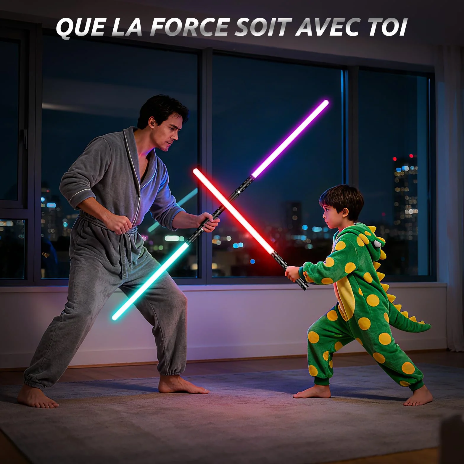 Sabre Laser Enfants 2 en 1 USB Rechargeable RGB 16 Couleurs Sons Simulés de Combats Cadeaux Garçons (2 pièces)