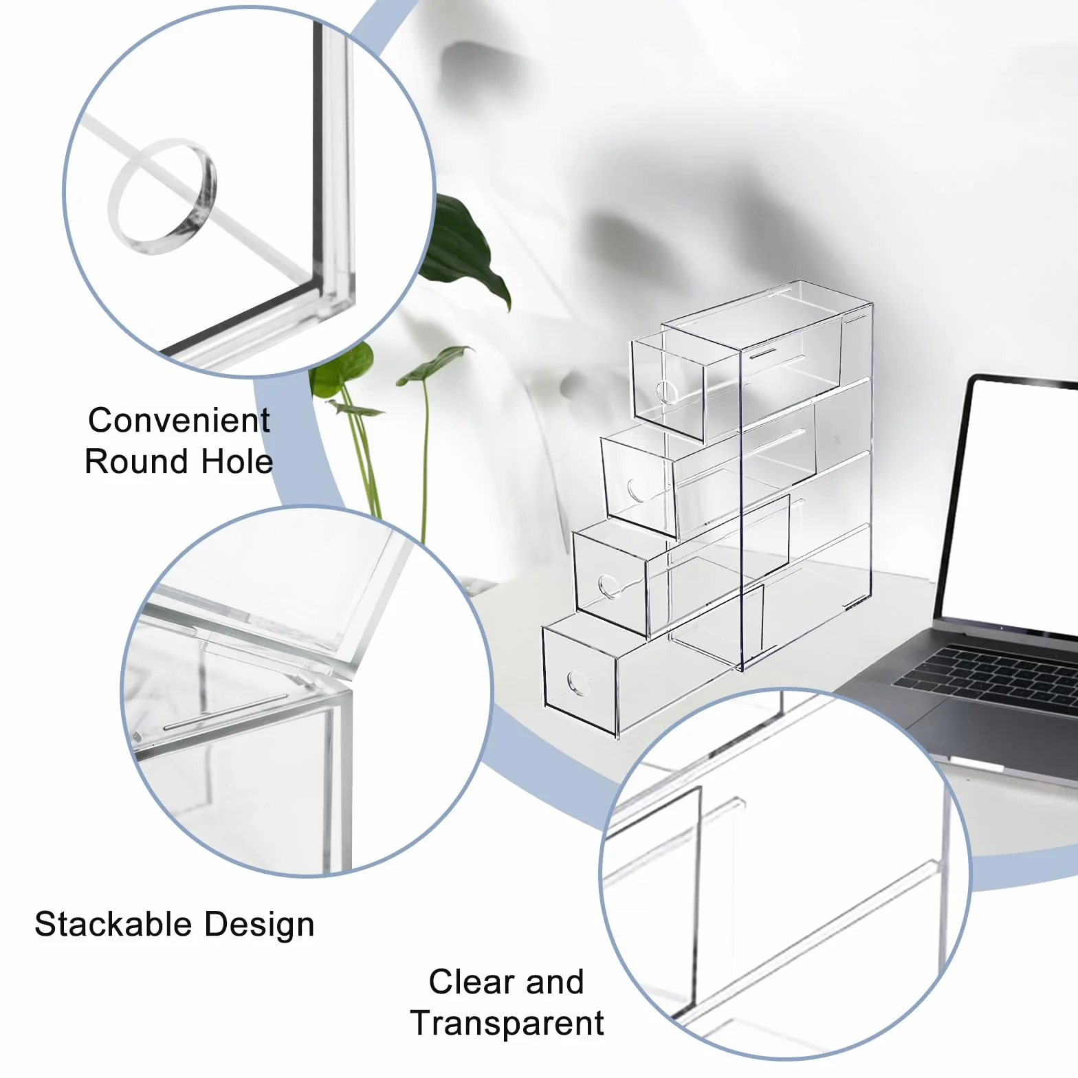 Lot de 3 boîtes de rangement de bureau avec 8 tiroirs en acrylique empilables - Organiseur transparent pour maquillage et lunettes de soleil